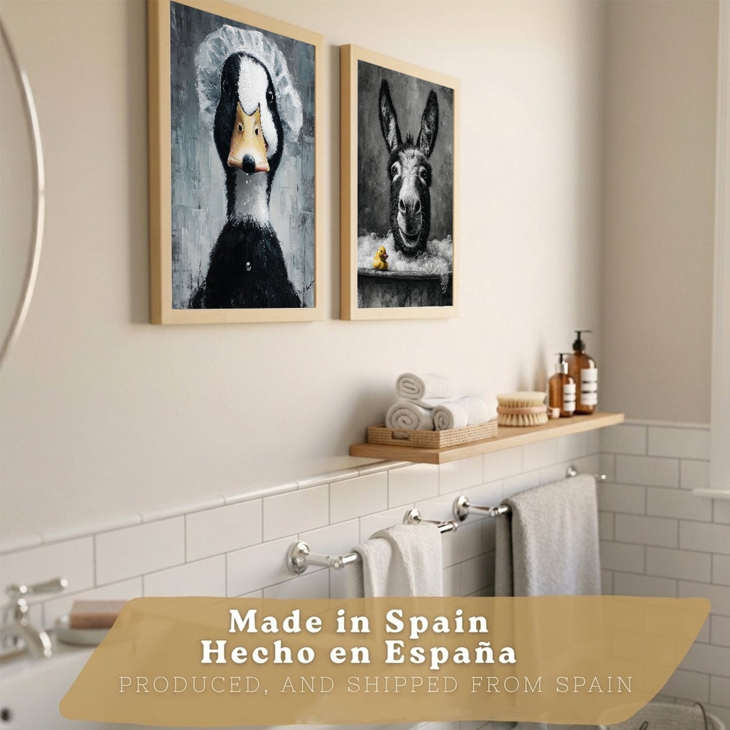 Set de 2 Laminas Decorativas Baño Cuadros Divertidos Poster para Pared Lavabo Ducha WC y Aseo con Animales en la Bañera Estilo Original Moderno