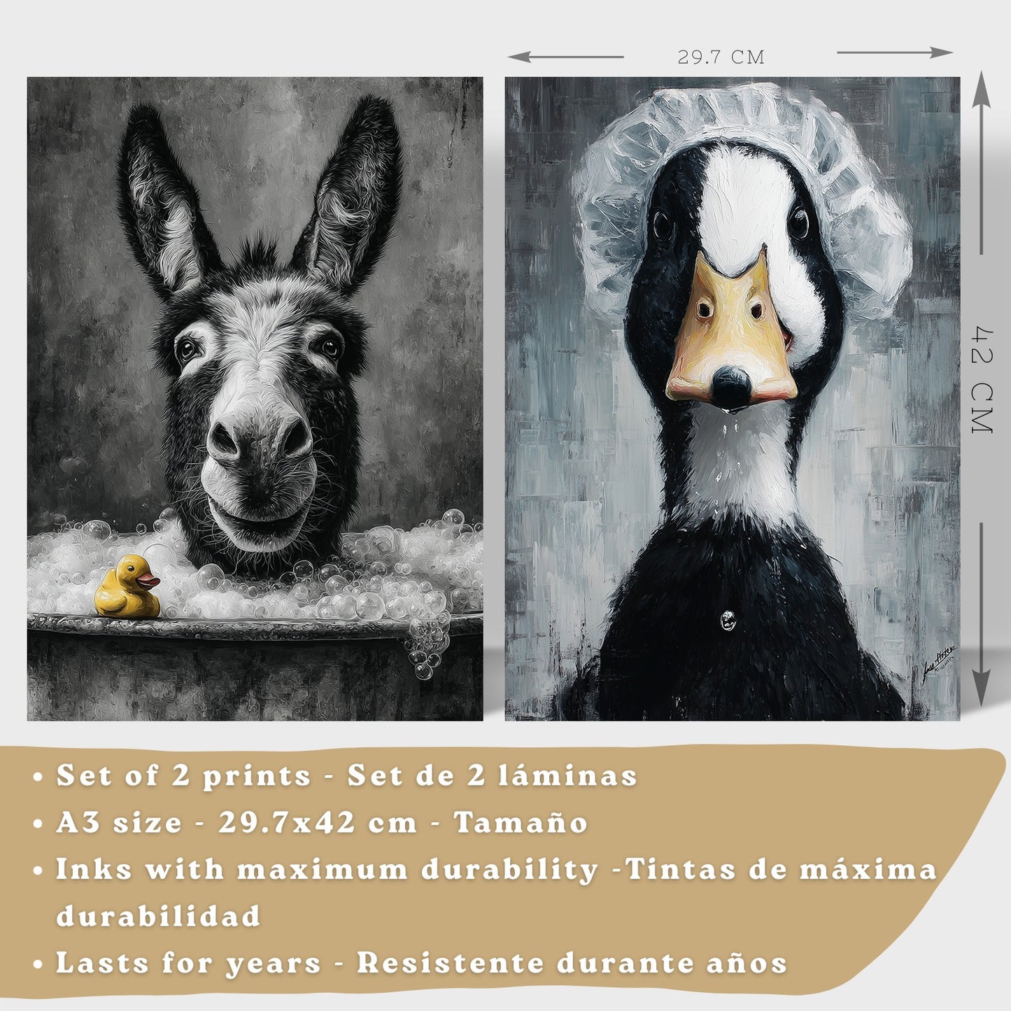 Set de 2 Laminas Decorativas Baño Cuadros Divertidos Poster para Pared Lavabo Ducha WC y Aseo con Animales en la Bañera Estilo Original Moderno