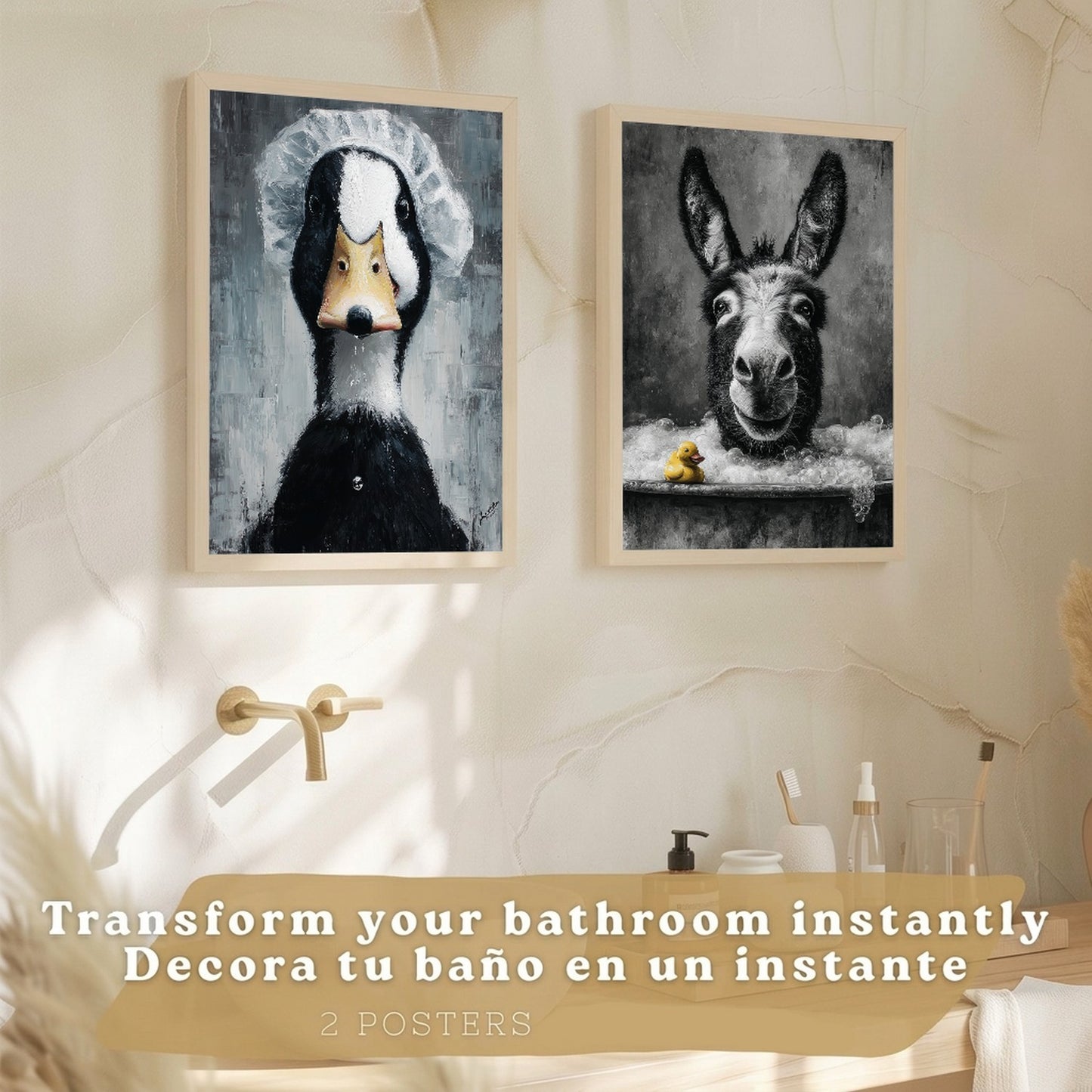 Set de 2 Laminas Decorativas Baño Cuadros Divertidos Poster para Pared Lavabo Ducha WC y Aseo con Animales en la Bañera Estilo Original Moderno