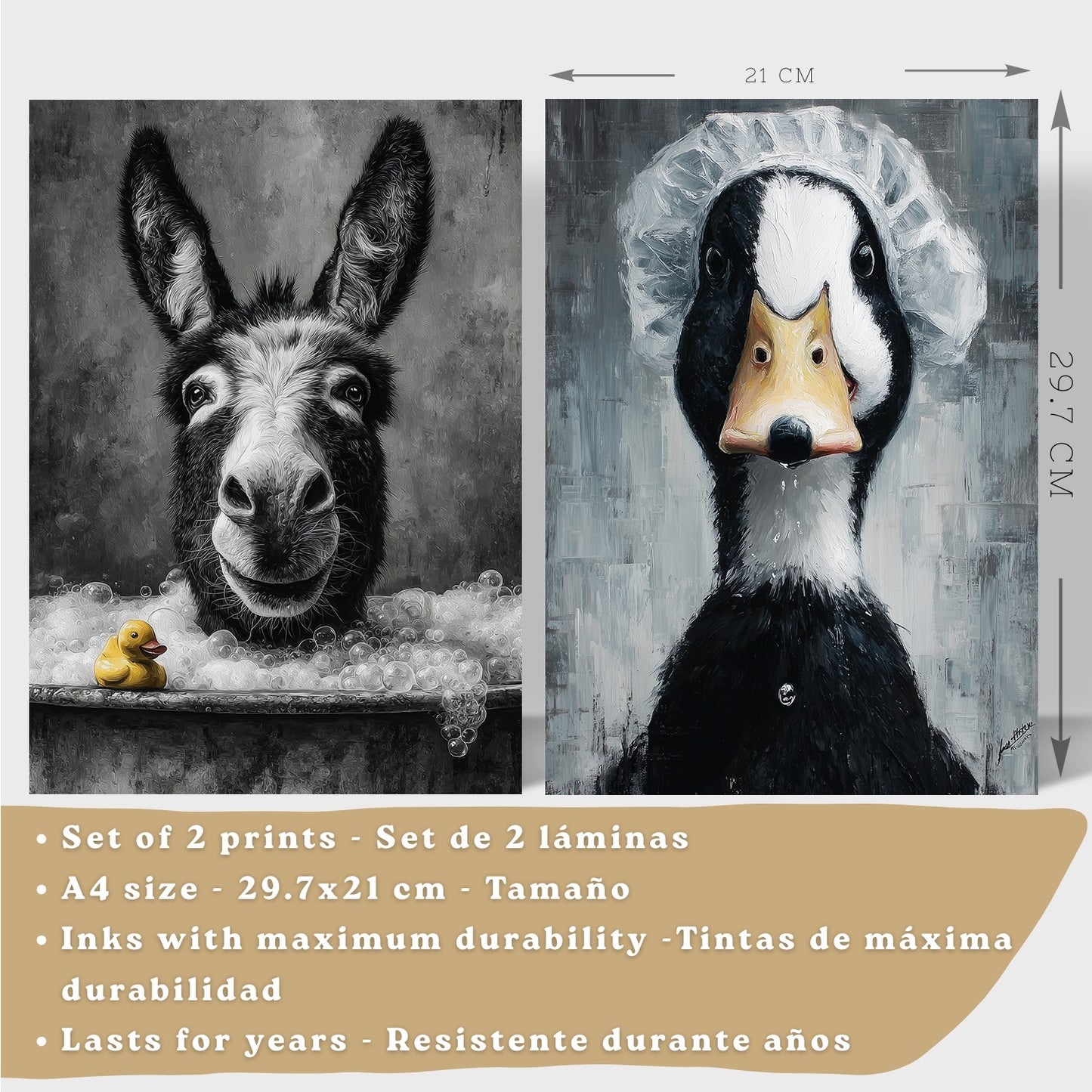 Set de 2 Laminas Decorativas Baño Cuadros Divertidos Poster para Pared Lavabo Ducha WC y Aseo con Animales en la Bañera Estilo Original Moderno
