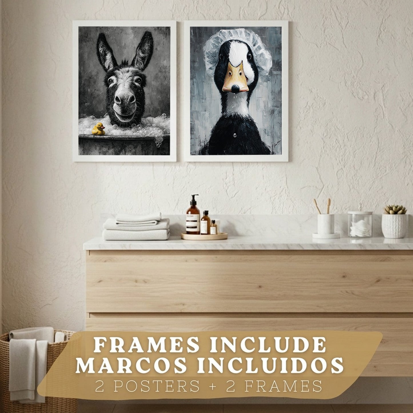 Set de 2 Laminas Decorativas Baño Cuadros Divertidos Poster para Pared Lavabo Ducha WC y Aseo con Animales en la Bañera Estilo Original Moderno