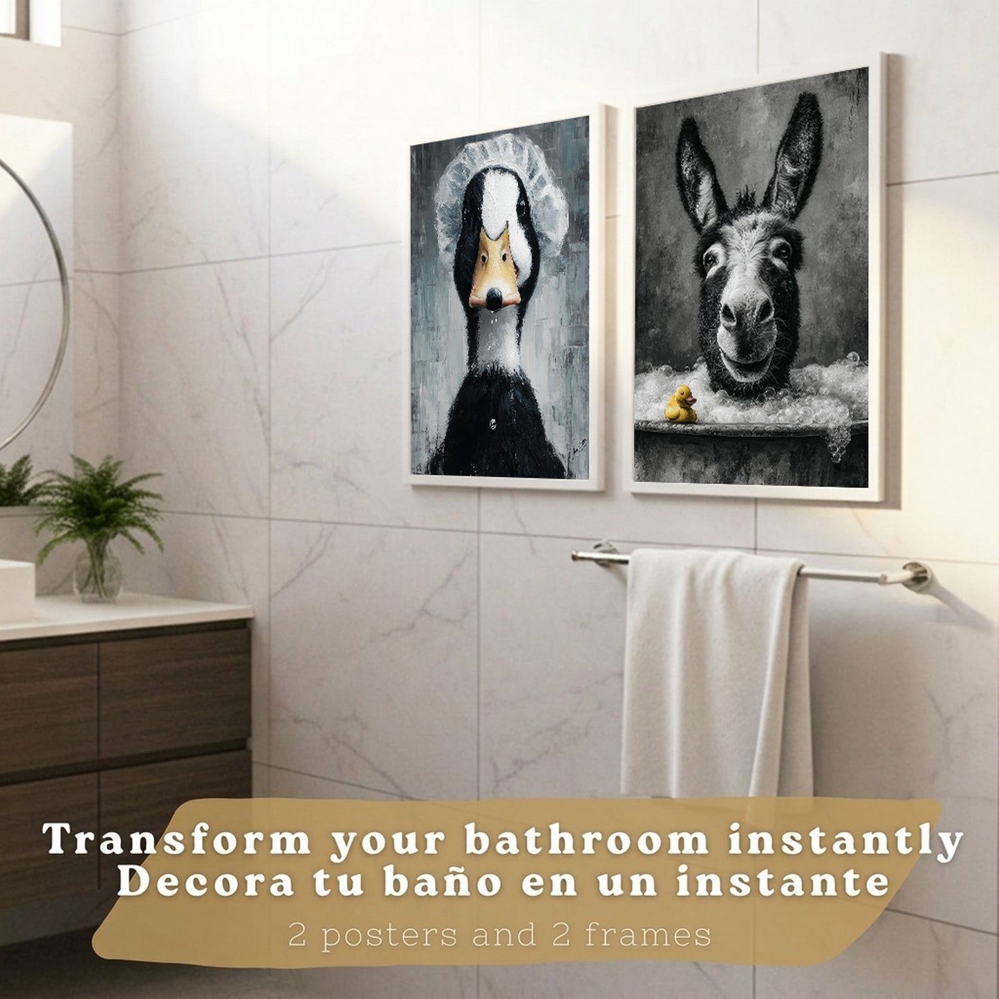Set de 2 Laminas Decorativas Baño Cuadros Divertidos Poster para Pared Lavabo Ducha WC y Aseo con Animales en la Bañera Estilo Original Moderno