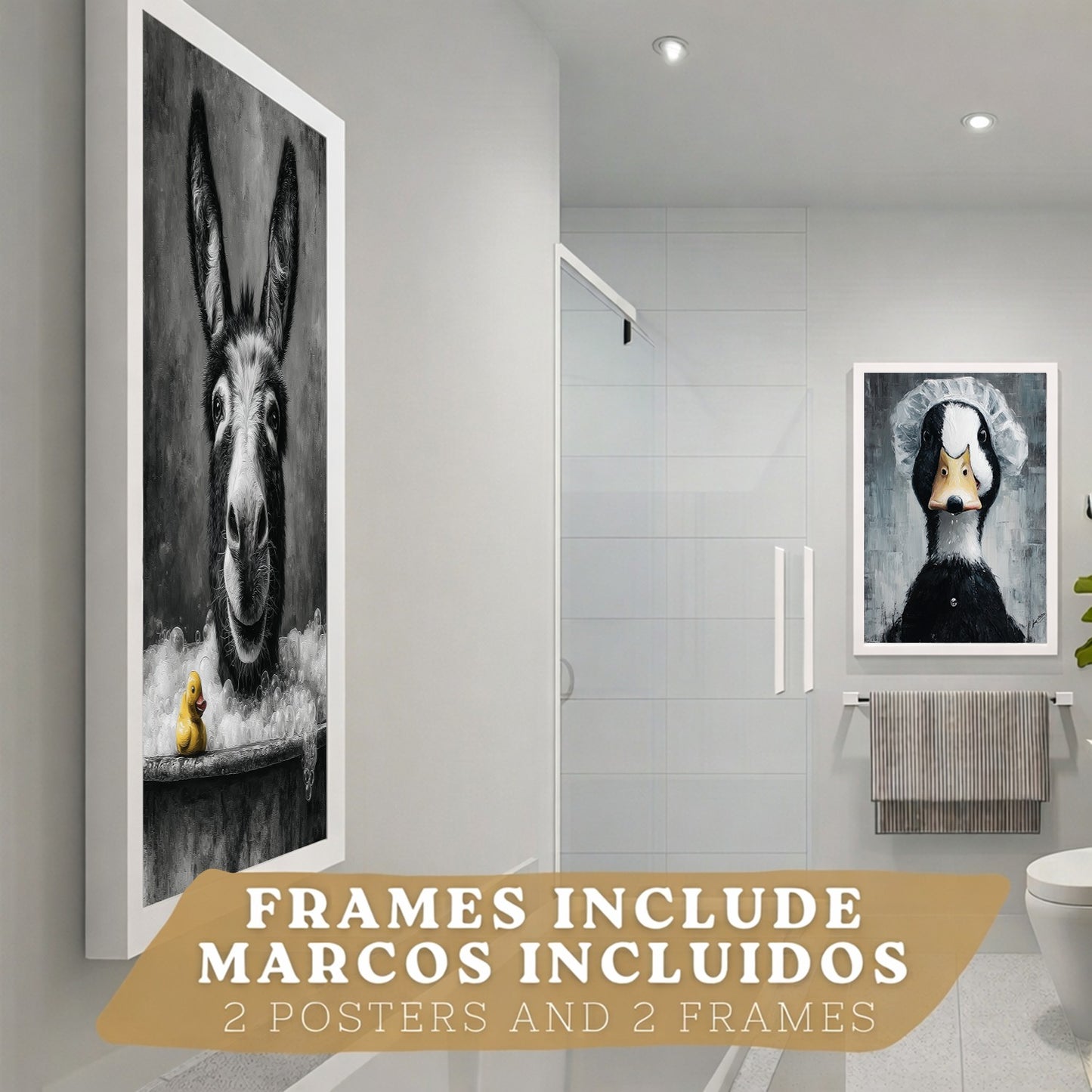 Set de 2 Laminas Decorativas Baño Cuadros Divertidos Poster para Pared Lavabo Ducha WC y Aseo con Animales en la Bañera Estilo Original Moderno