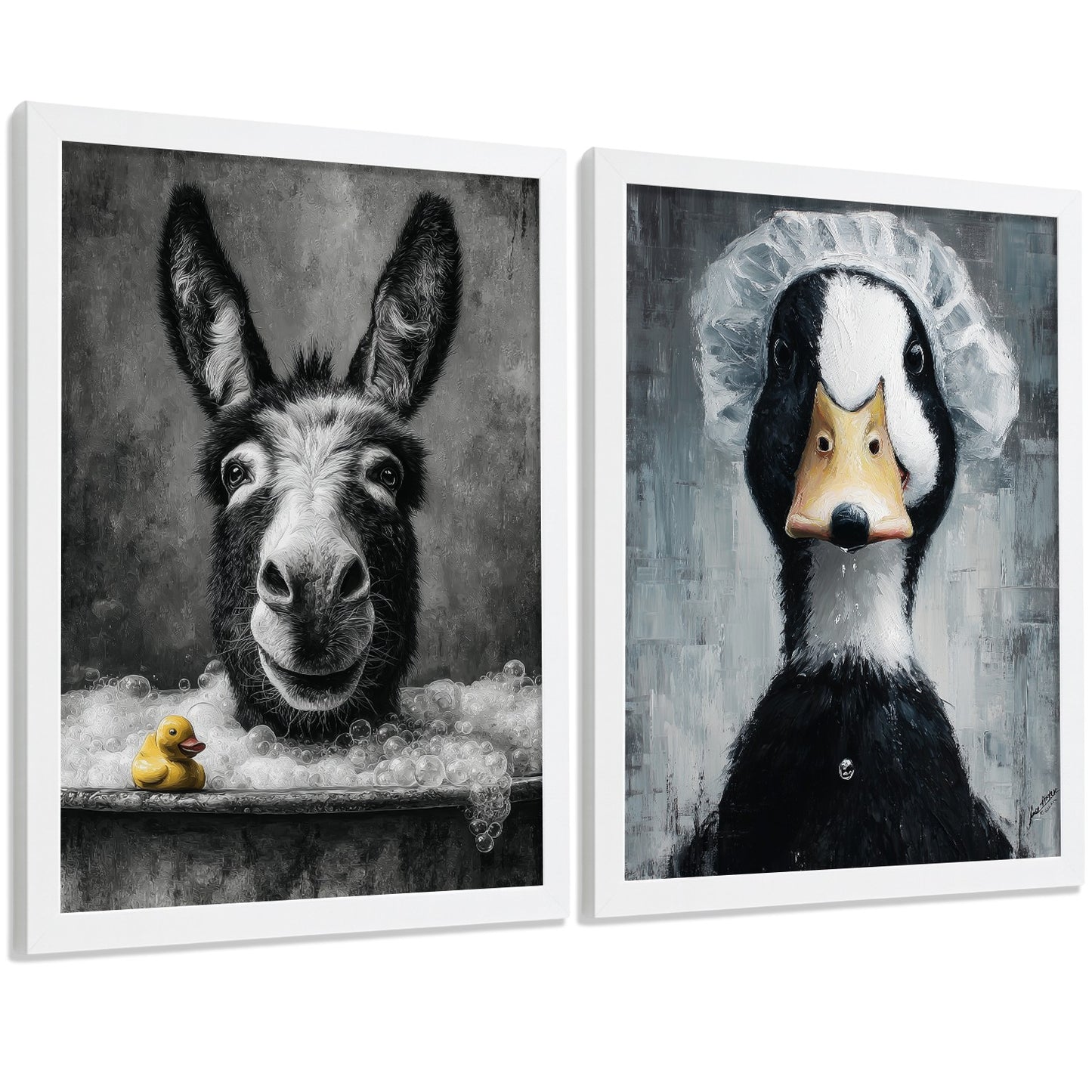 Set de 2 Laminas Decorativas Baño Cuadros Divertidos Poster para Pared Lavabo Ducha WC y Aseo con Animales en la Bañera Estilo Original Moderno