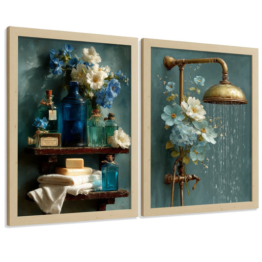 Set de 2 Cuadros Decorativos Baño Poster Estetico para Pared Lavabo Ducha y WC Decoracion Baño Moderna con Flores Botellas y Ducha Vintage