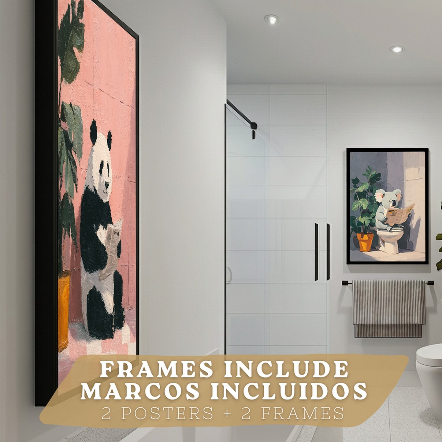 Set de 2 Laminas Decorativas Baño Cuadros Originales y Divertidos Poster para Pared Lavabo Ducha WC y Aseo con Animales Leyendo en el Baño Estilo Moderno