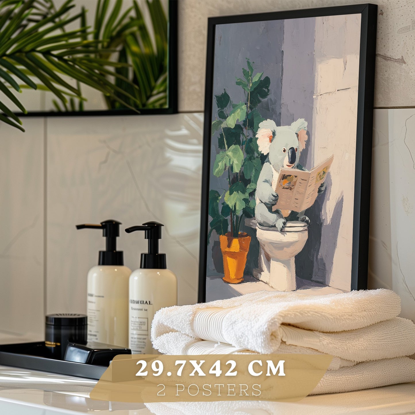 Set de 2 Laminas Decorativas Baño Cuadros Originales y Divertidos Poster para Pared Lavabo Ducha WC y Aseo con Animales Leyendo en el Baño Estilo Moderno