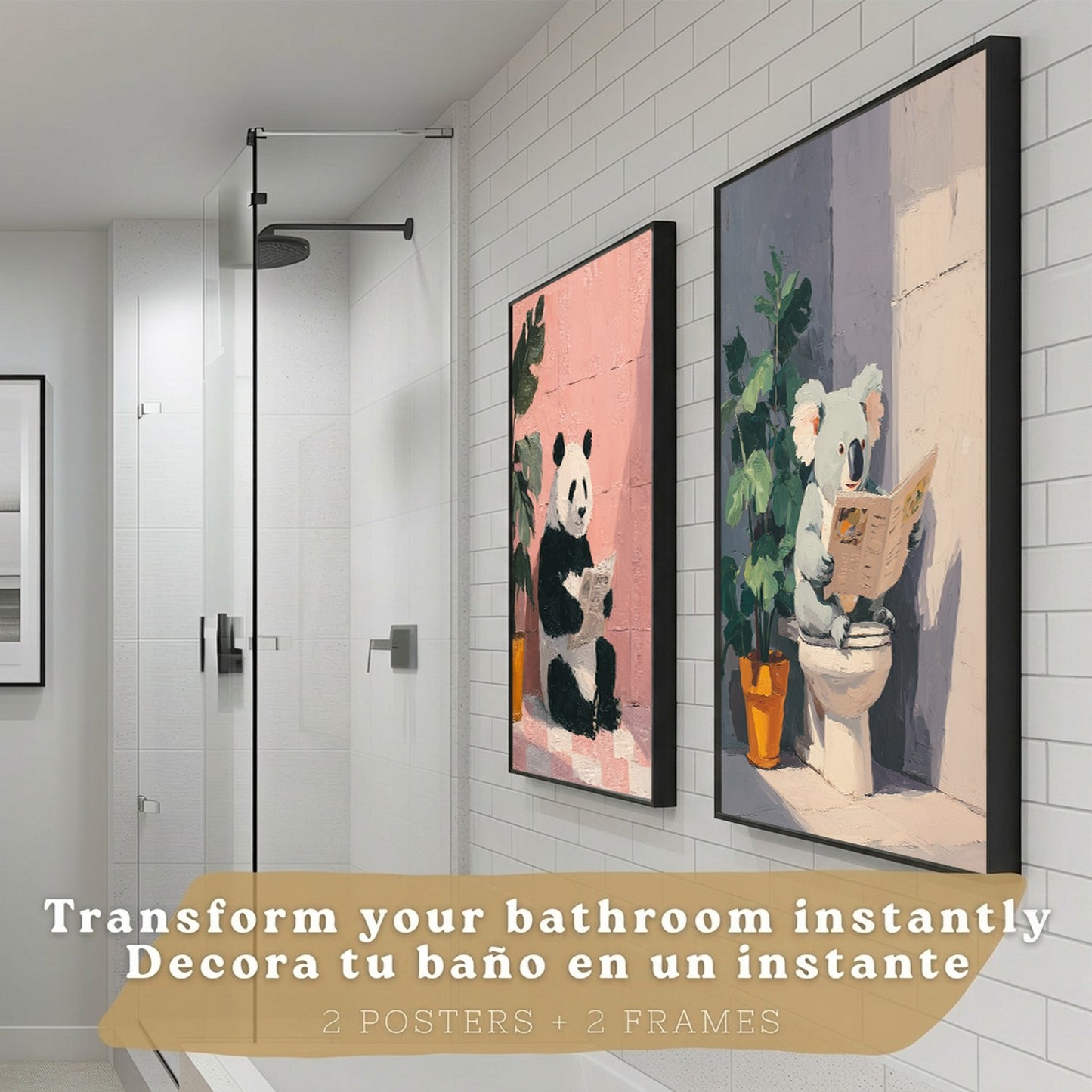 Set de 2 Laminas Decorativas Baño Cuadros Originales y Divertidos Poster para Pared Lavabo Ducha WC y Aseo con Animales Leyendo en el Baño Estilo Moderno