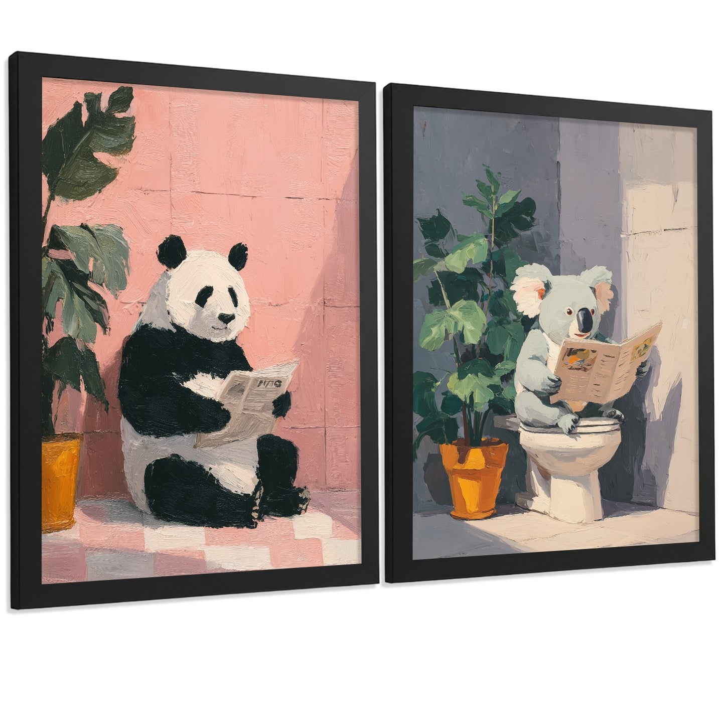 Set de 2 Laminas Decorativas Baño Cuadros Originales y Divertidos Poster para Pared Lavabo Ducha WC y Aseo con Animales Leyendo en el Baño Estilo Moderno
