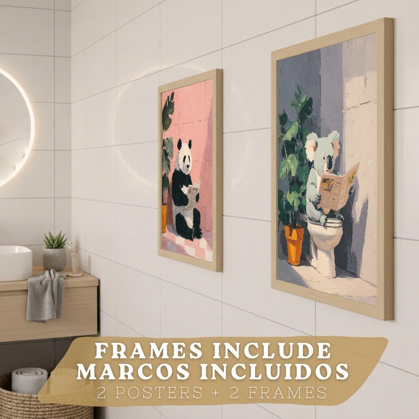 Set de 2 Laminas Decorativas Baño Cuadros Originales y Divertidos Poster para Pared Lavabo Ducha WC y Aseo con Animales Leyendo en el Baño Estilo Moderno