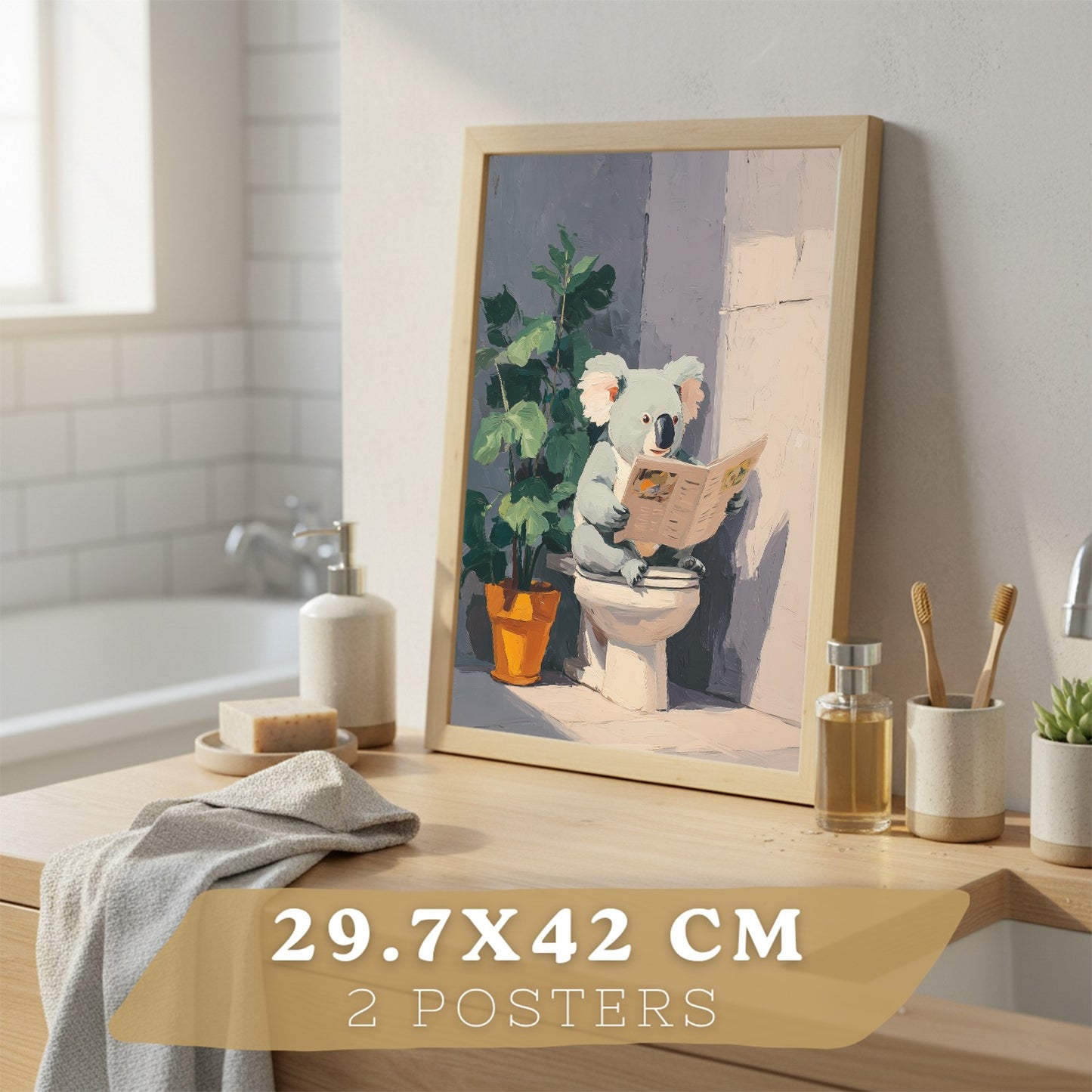 Set de 2 Laminas Decorativas Baño Cuadros Originales y Divertidos Poster para Pared Lavabo Ducha WC y Aseo con Animales Leyendo en el Baño Estilo Moderno
