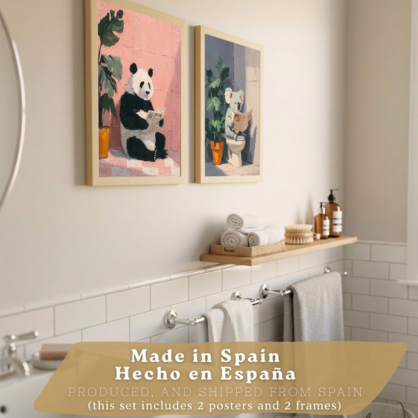 Set de 2 Laminas Decorativas Baño Cuadros Originales y Divertidos Poster para Pared Lavabo Ducha WC y Aseo con Animales Leyendo en el Baño Estilo Moderno