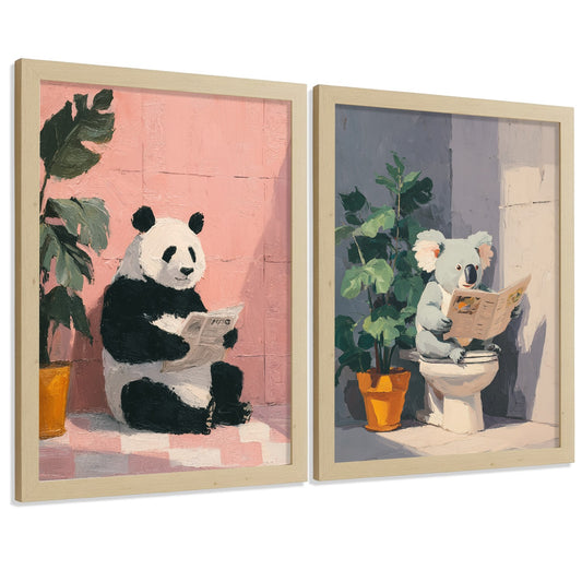 Set de 2 Laminas Decorativas Baño Cuadros Originales y Divertidos Poster para Pared Lavabo Ducha WC y Aseo con Animales Leyendo en el Baño Estilo Moderno