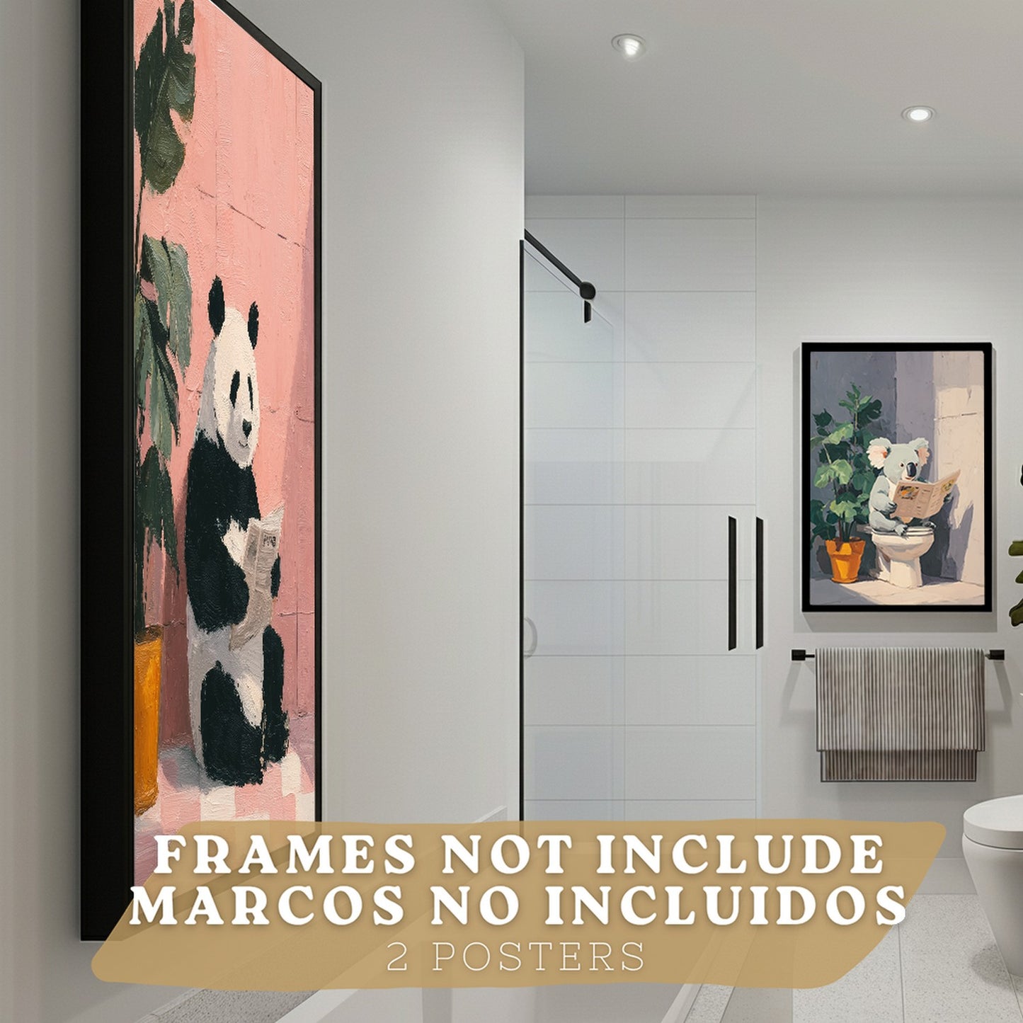Set de 2 Laminas Decorativas Baño Cuadros Originales y Divertidos Poster para Pared Lavabo Ducha WC y Aseo con Animales Leyendo en el Baño Estilo Moderno