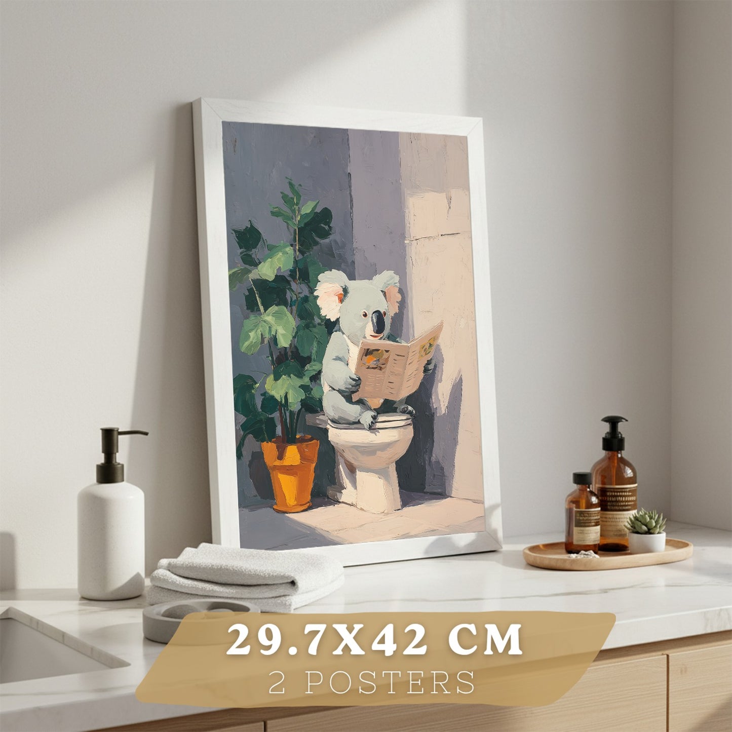 Set de 2 Laminas Decorativas Baño Cuadros Originales y Divertidos Poster para Pared Lavabo Ducha WC y Aseo con Animales Leyendo en el Baño Estilo Moderno