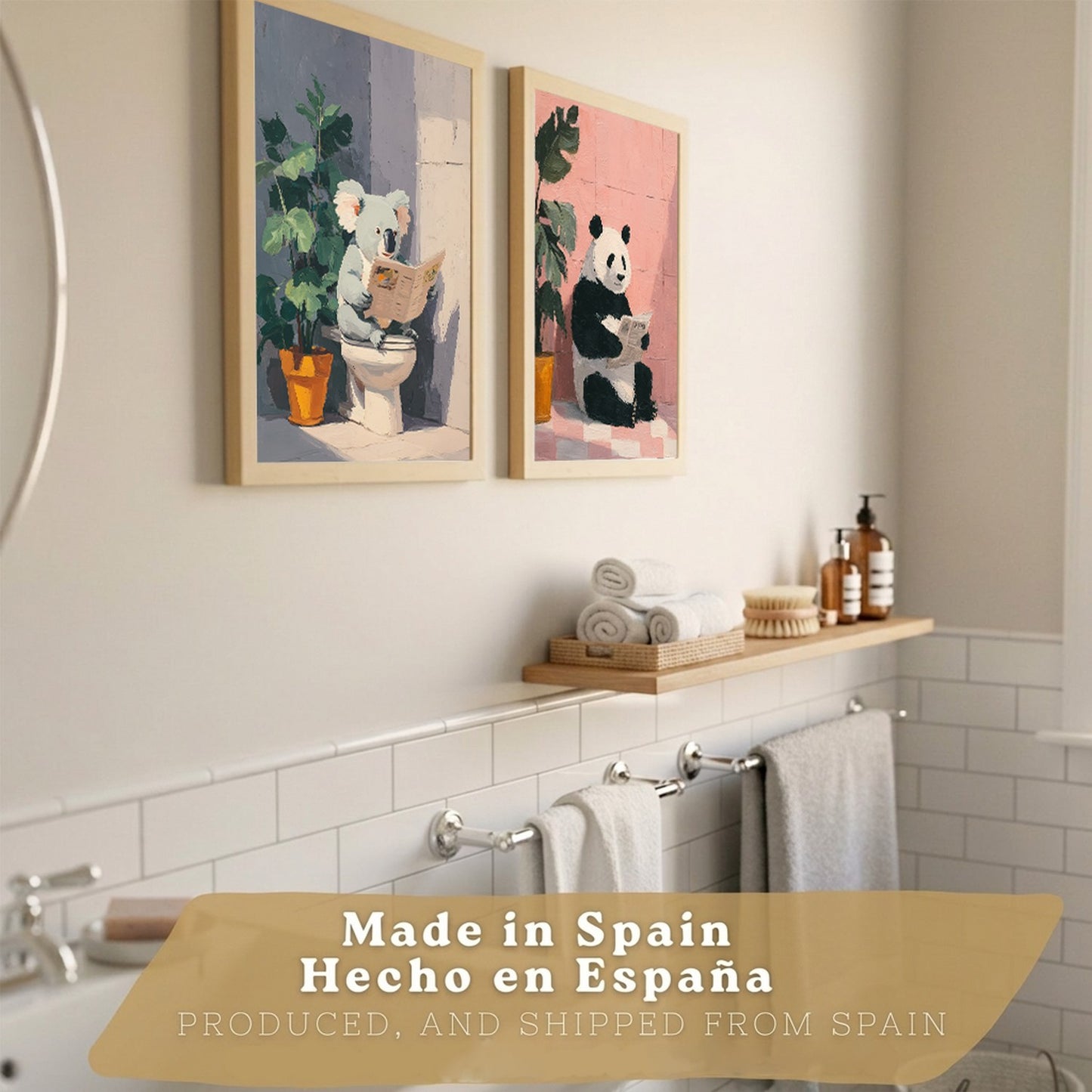 Set de 2 Laminas Decorativas Baño Cuadros Originales y Divertidos Poster para Pared Lavabo Ducha WC y Aseo con Animales Leyendo en el Baño Estilo Moderno