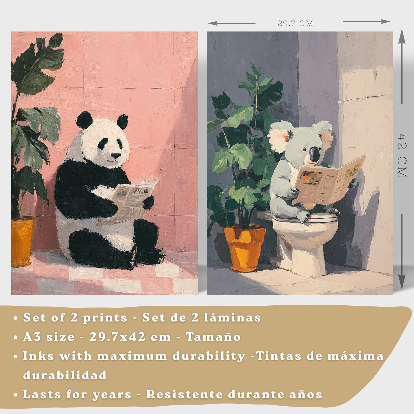 Set de 2 Laminas Decorativas Baño Cuadros Originales y Divertidos Poster para Pared Lavabo Ducha WC y Aseo con Animales Leyendo en el Baño Estilo Moderno