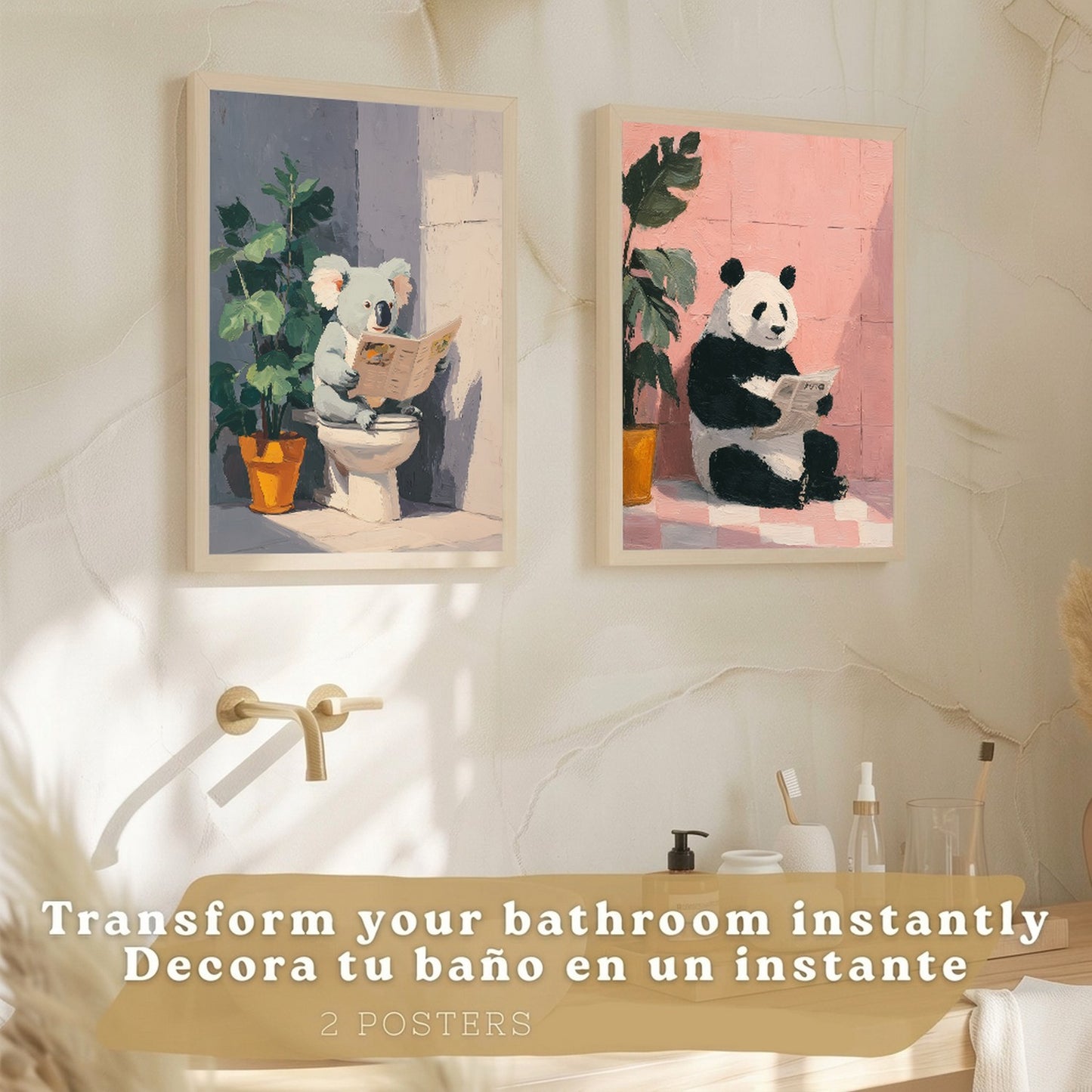 Set de 2 Laminas Decorativas Baño Cuadros Originales y Divertidos Poster para Pared Lavabo Ducha WC y Aseo con Animales Leyendo en el Baño Estilo Moderno