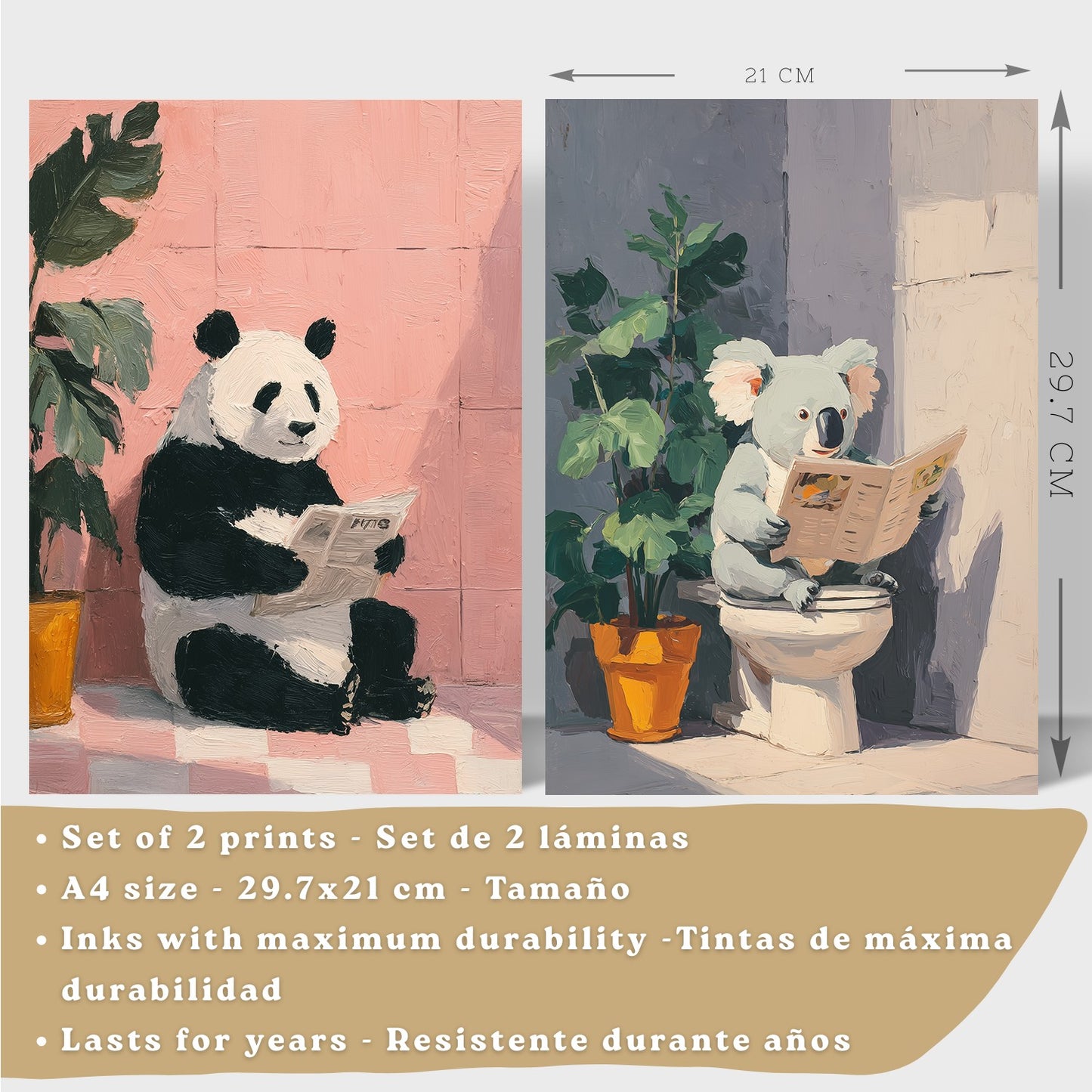 Set de 2 Laminas Decorativas Baño Cuadros Originales y Divertidos Poster para Pared Lavabo Ducha WC y Aseo con Animales Leyendo en el Baño Estilo Moderno