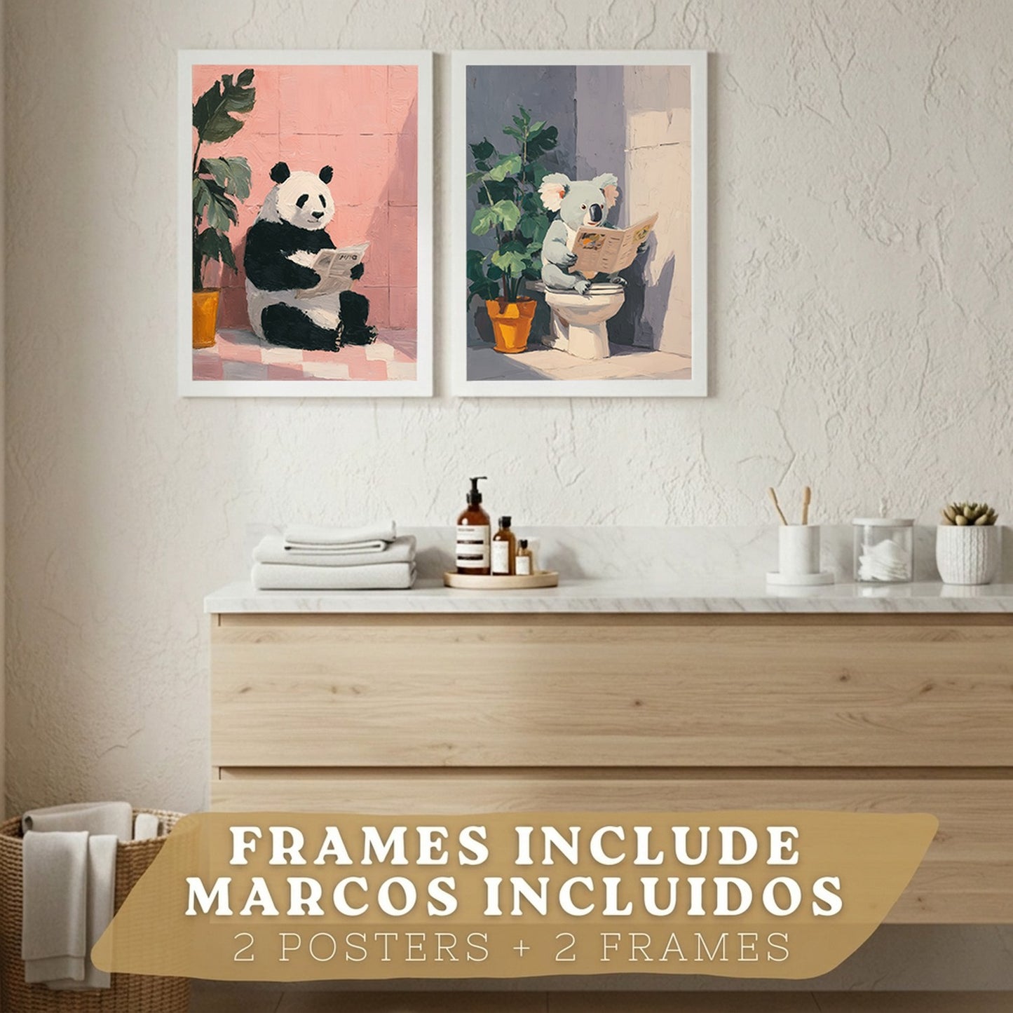 Set de 2 Laminas Decorativas Baño Cuadros Originales y Divertidos Poster para Pared Lavabo Ducha WC y Aseo con Animales Leyendo en el Baño Estilo Moderno