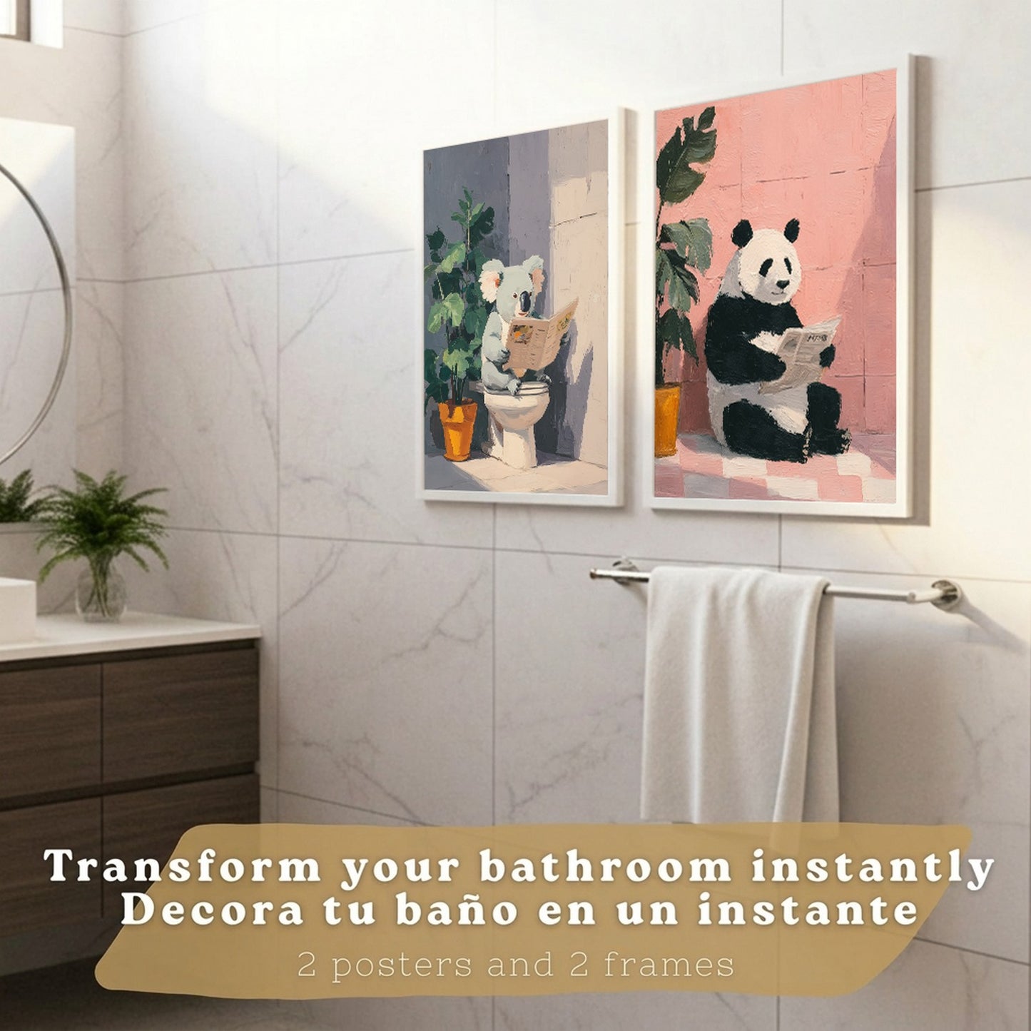 Set de 2 Laminas Decorativas Baño Cuadros Originales y Divertidos Poster para Pared Lavabo Ducha WC y Aseo con Animales Leyendo en el Baño Estilo Moderno