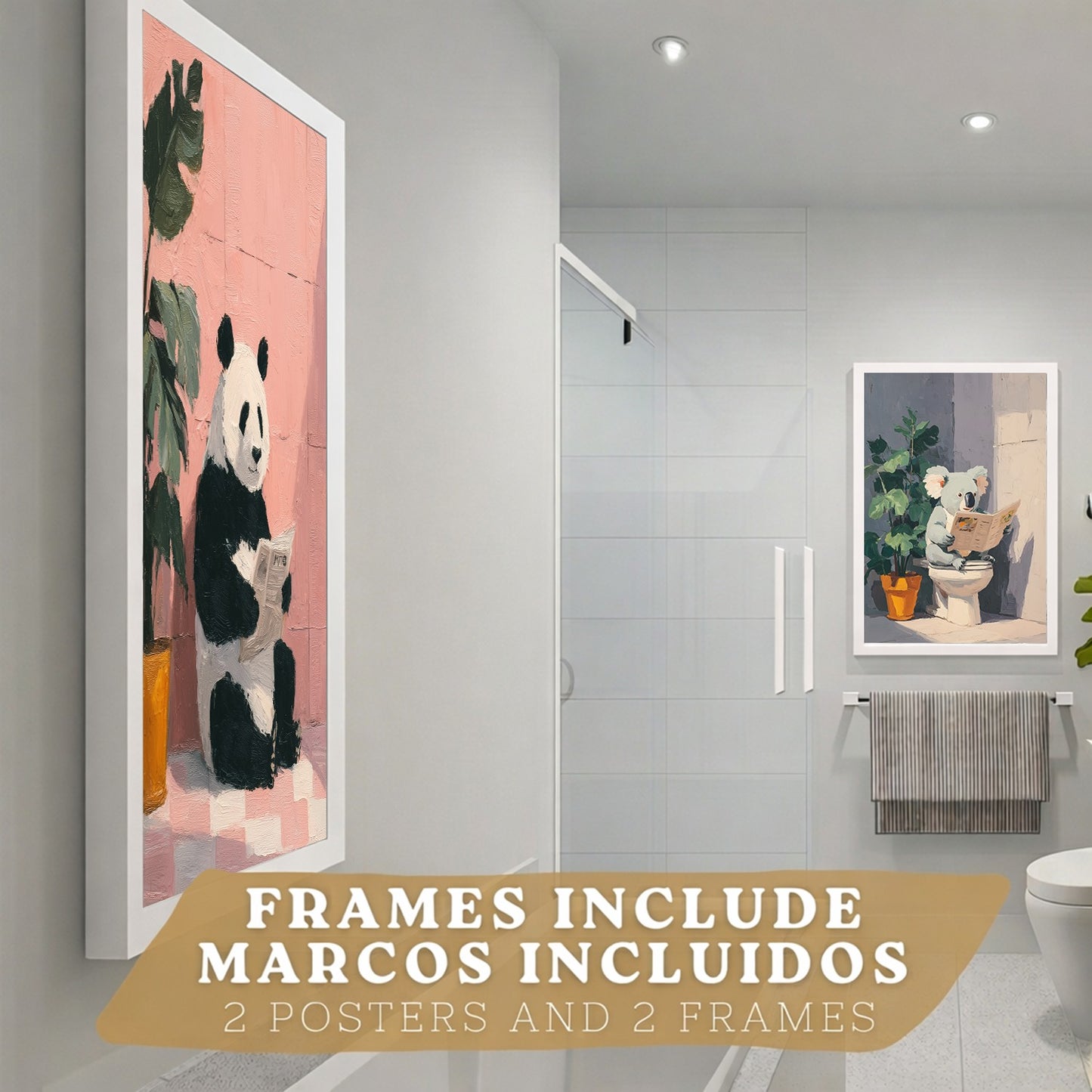Set de 2 Laminas Decorativas Baño Cuadros Originales y Divertidos Poster para Pared Lavabo Ducha WC y Aseo con Animales Leyendo en el Baño Estilo Moderno