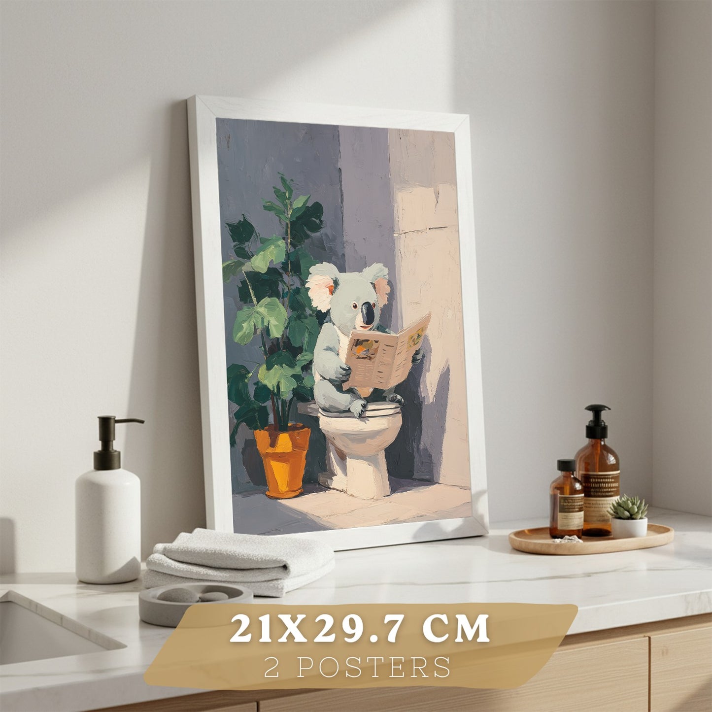 Set de 2 Laminas Decorativas Baño Cuadros Originales y Divertidos Poster para Pared Lavabo Ducha WC y Aseo con Animales Leyendo en el Baño Estilo Moderno