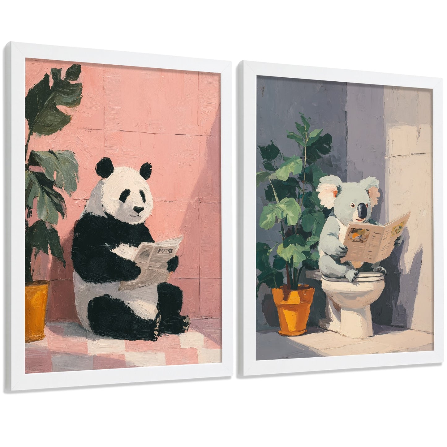 Set de 2 Laminas Decorativas Baño Cuadros Originales y Divertidos Poster para Pared Lavabo Ducha WC y Aseo con Animales Leyendo en el Baño Estilo Moderno