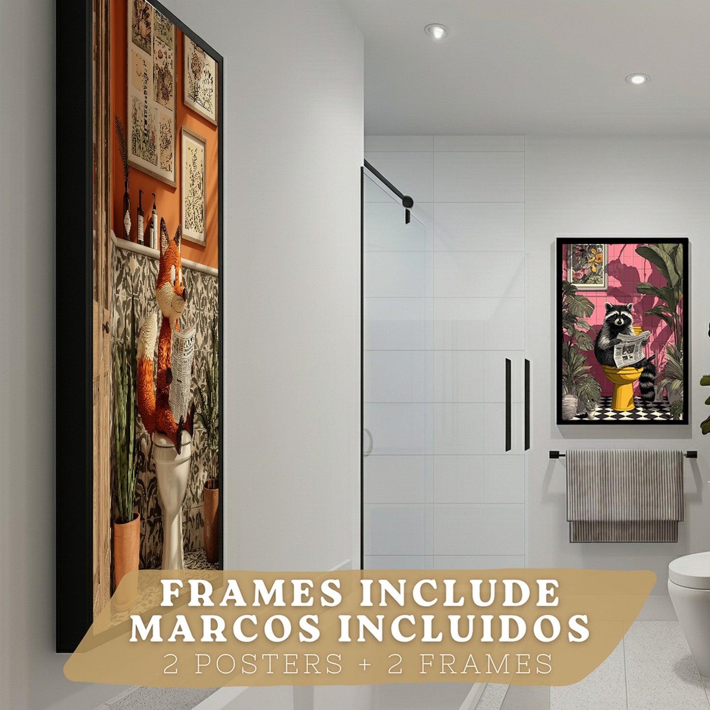 Set de 2 Laminas Animales Divertidos en Baño Cuadros Decorativos Zorro y Mapache con Estilo Moderno Poster Original Decoracion Baño Aseo y Hogar