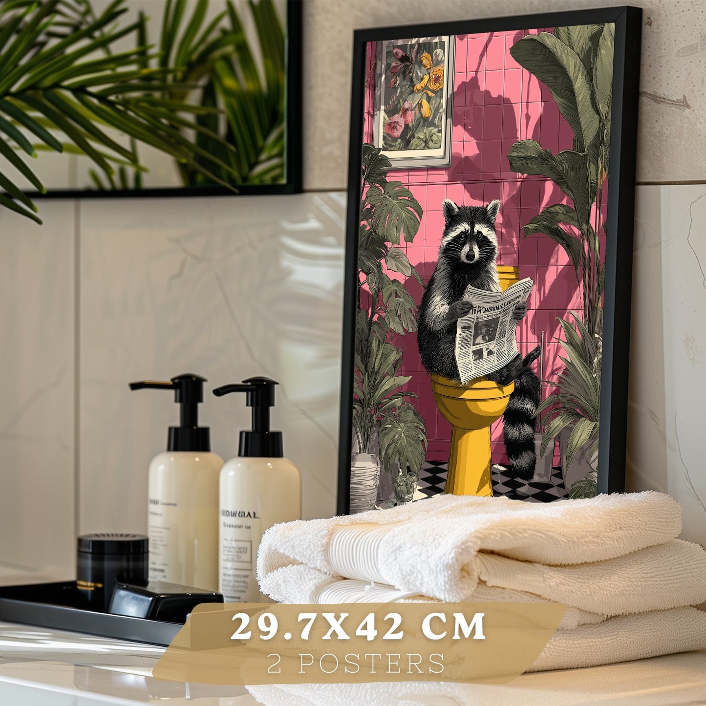 Set de 2 Laminas Animales Divertidos en Baño Cuadros Decorativos Zorro y Mapache con Estilo Moderno Poster Original Decoracion Baño Aseo y Hogar