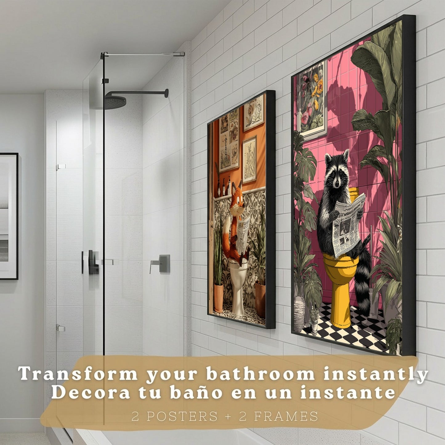 Set de 2 Laminas Animales Divertidos en Baño Cuadros Decorativos Zorro y Mapache con Estilo Moderno Poster Original Decoracion Baño Aseo y Hogar