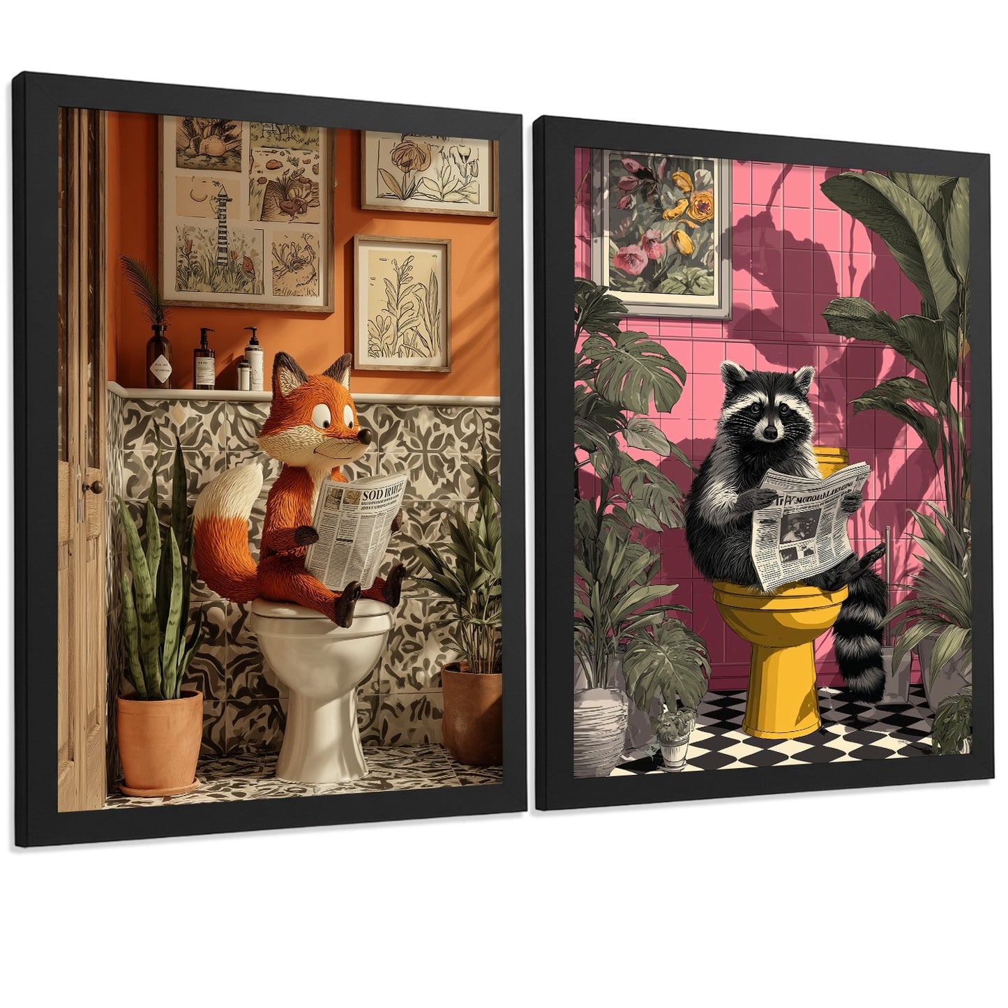 Set de 2 Laminas Animales Divertidos en Baño Cuadros Decorativos Zorro y Mapache con Estilo Moderno Poster Original Decoracion Baño Aseo y Hogar