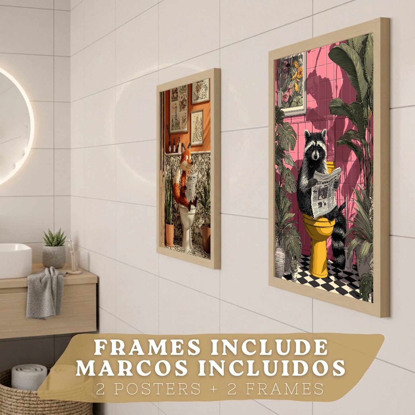Set de 2 Laminas Animales Divertidos en Baño Cuadros Decorativos Zorro y Mapache con Estilo Moderno Poster Original Decoracion Baño Aseo y Hogar