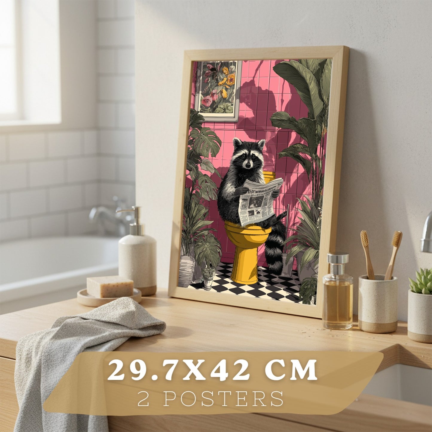 Set de 2 Laminas Animales Divertidos en Baño Cuadros Decorativos Zorro y Mapache con Estilo Moderno Poster Original Decoracion Baño Aseo y Hogar