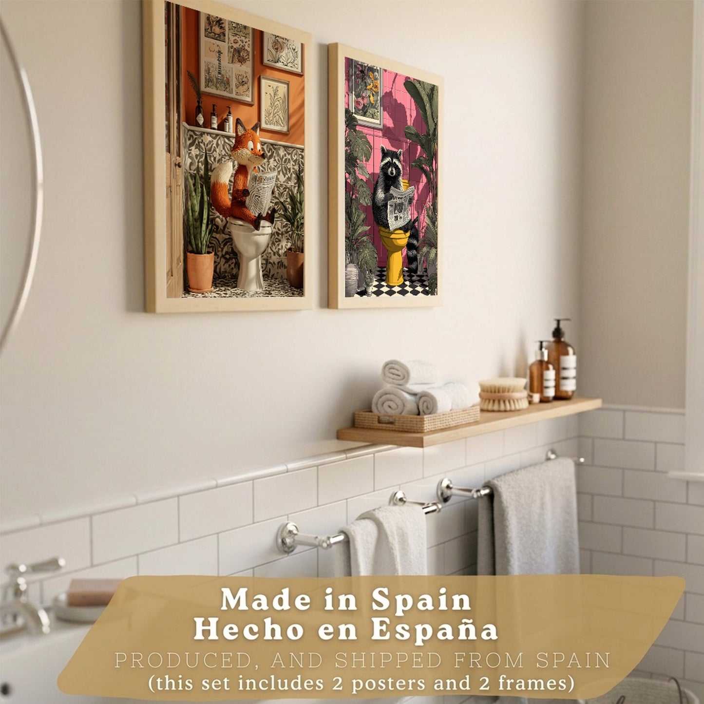 Set de 2 Laminas Animales Divertidos en Baño Cuadros Decorativos Zorro y Mapache con Estilo Moderno Poster Original Decoracion Baño Aseo y Hogar