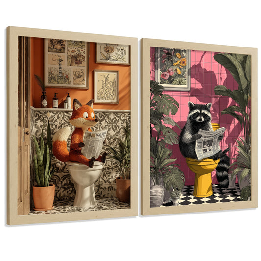 Set de 2 Laminas Animales Divertidos en Baño Cuadros Decorativos Zorro y Mapache con Estilo Moderno Poster Original Decoracion Baño Aseo y Hogar