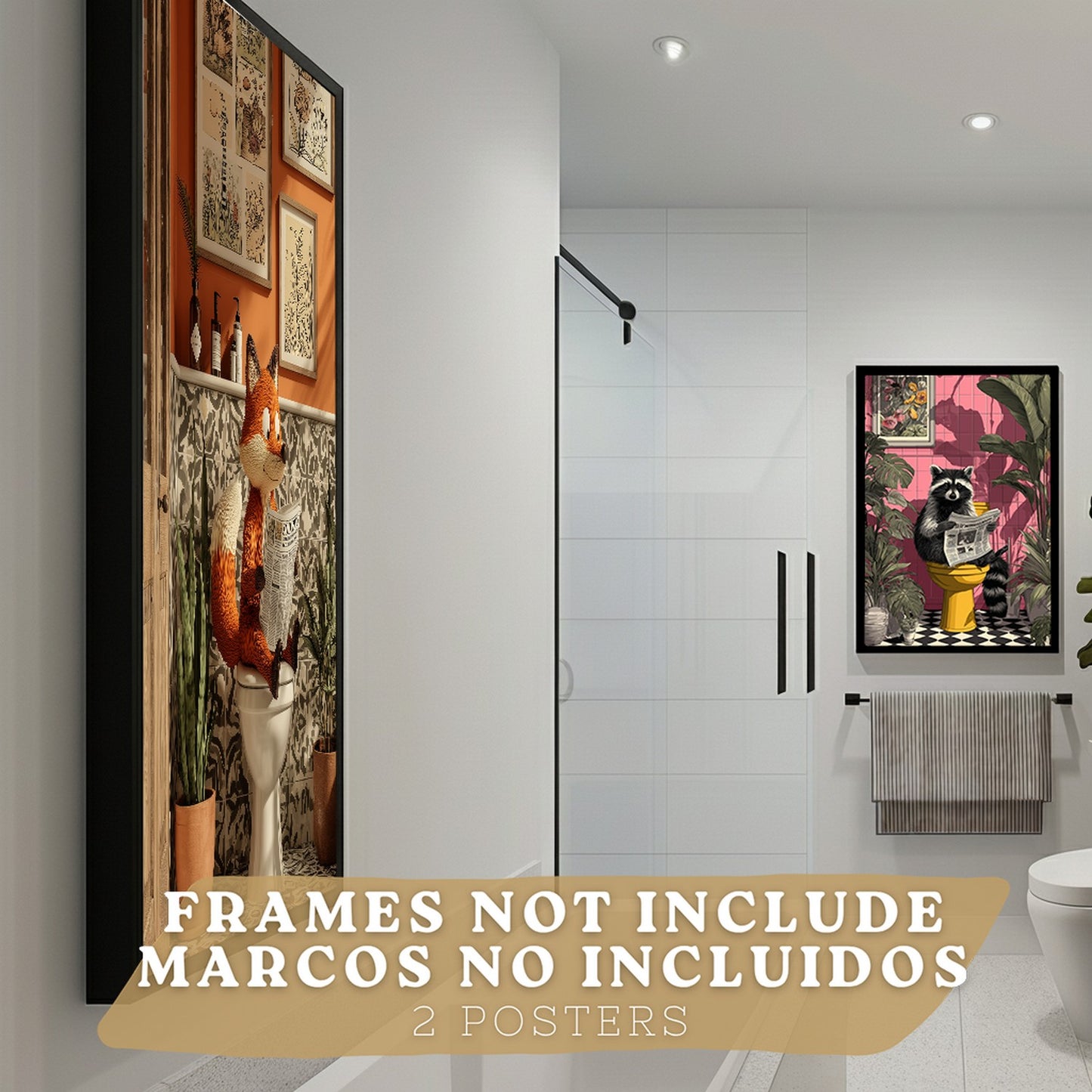 Set de 2 Laminas Animales Divertidos en Baño Cuadros Decorativos Zorro y Mapache con Estilo Moderno Poster Original Decoracion Baño Aseo y Hogar