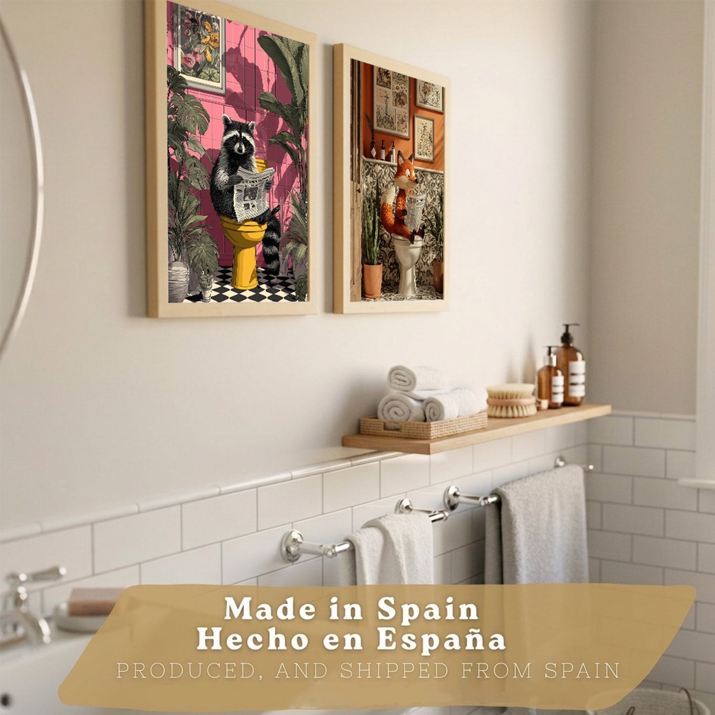 Set de 2 Laminas Animales Divertidos en Baño Cuadros Decorativos Zorro y Mapache con Estilo Moderno Poster Original Decoracion Baño Aseo y Hogar