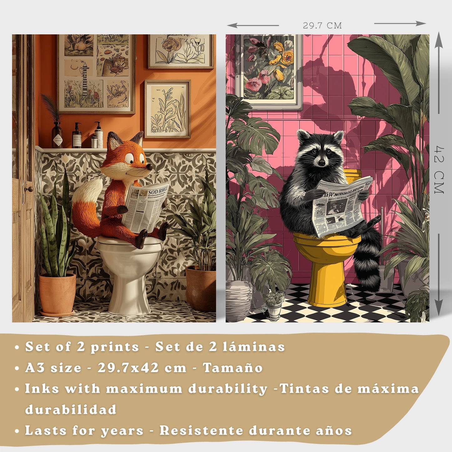 Set de 2 Laminas Animales Divertidos en Baño Cuadros Decorativos Zorro y Mapache con Estilo Moderno Poster Original Decoracion Baño Aseo y Hogar