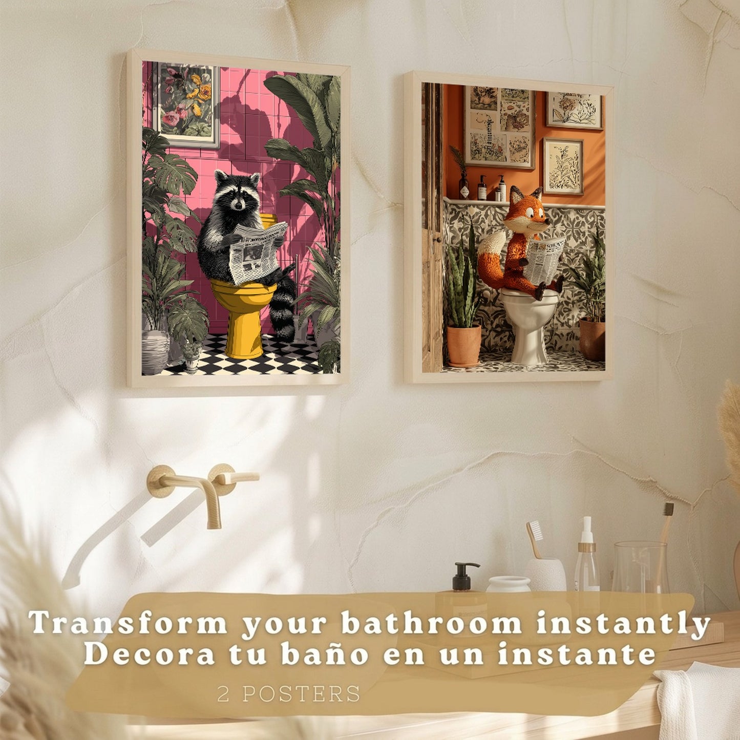 Set de 2 Laminas Animales Divertidos en Baño Cuadros Decorativos Zorro y Mapache con Estilo Moderno Poster Original Decoracion Baño Aseo y Hogar