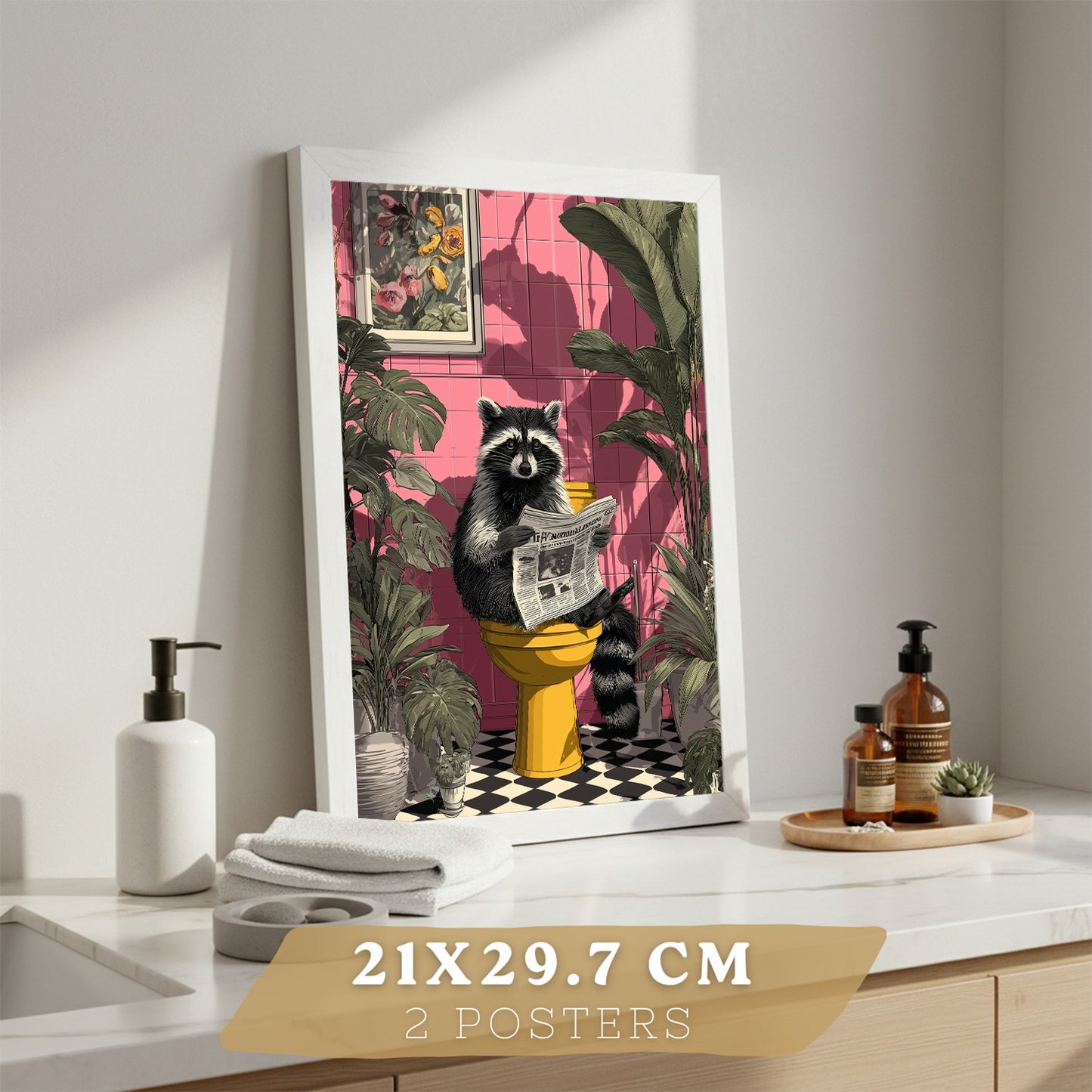 Set de 2 Laminas Animales Divertidos en Baño Cuadros Decorativos Zorro y Mapache con Estilo Moderno Poster Original Decoracion Baño Aseo y Hogar