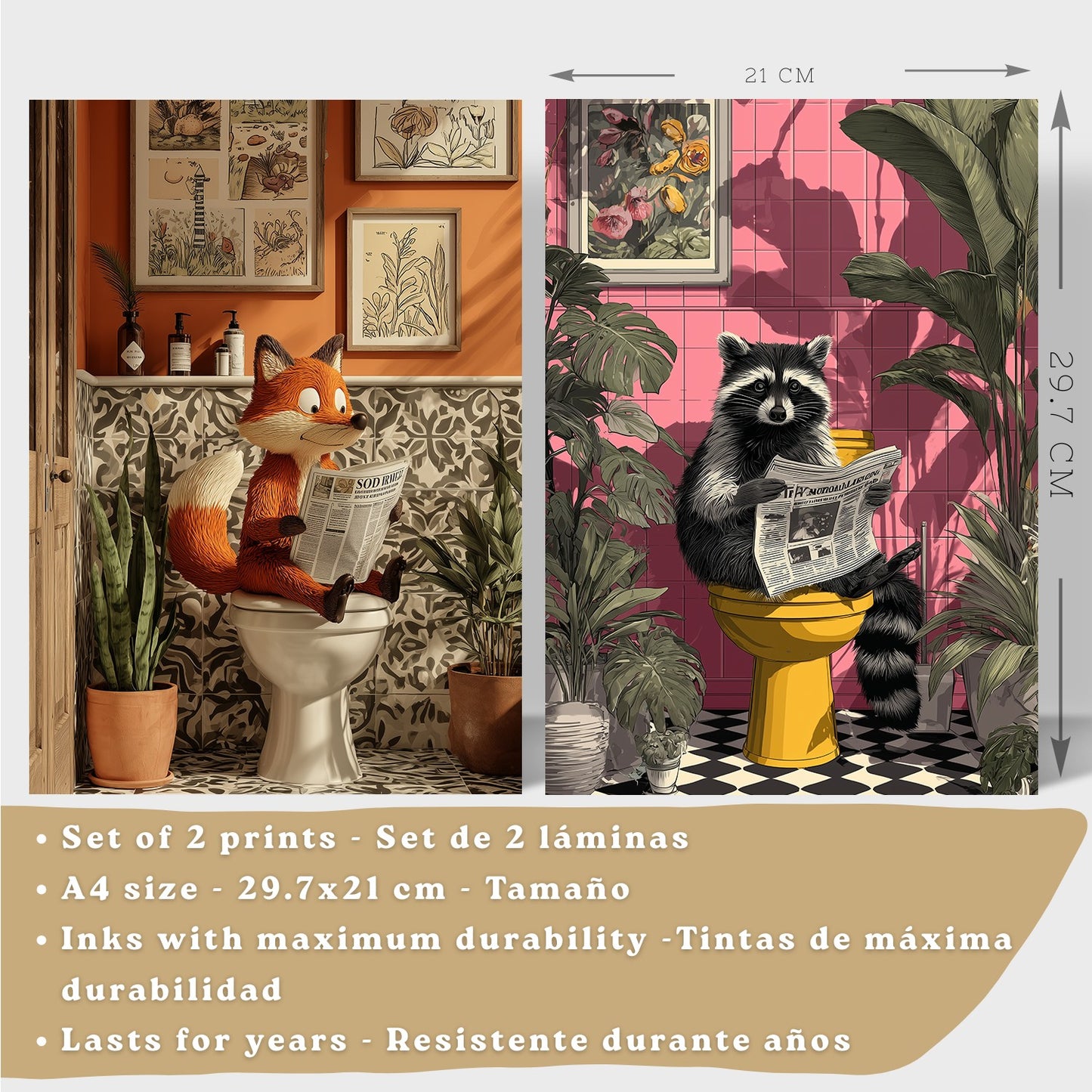 Set de 2 Laminas Animales Divertidos en Baño Cuadros Decorativos Zorro y Mapache con Estilo Moderno Poster Original Decoracion Baño Aseo y Hogar