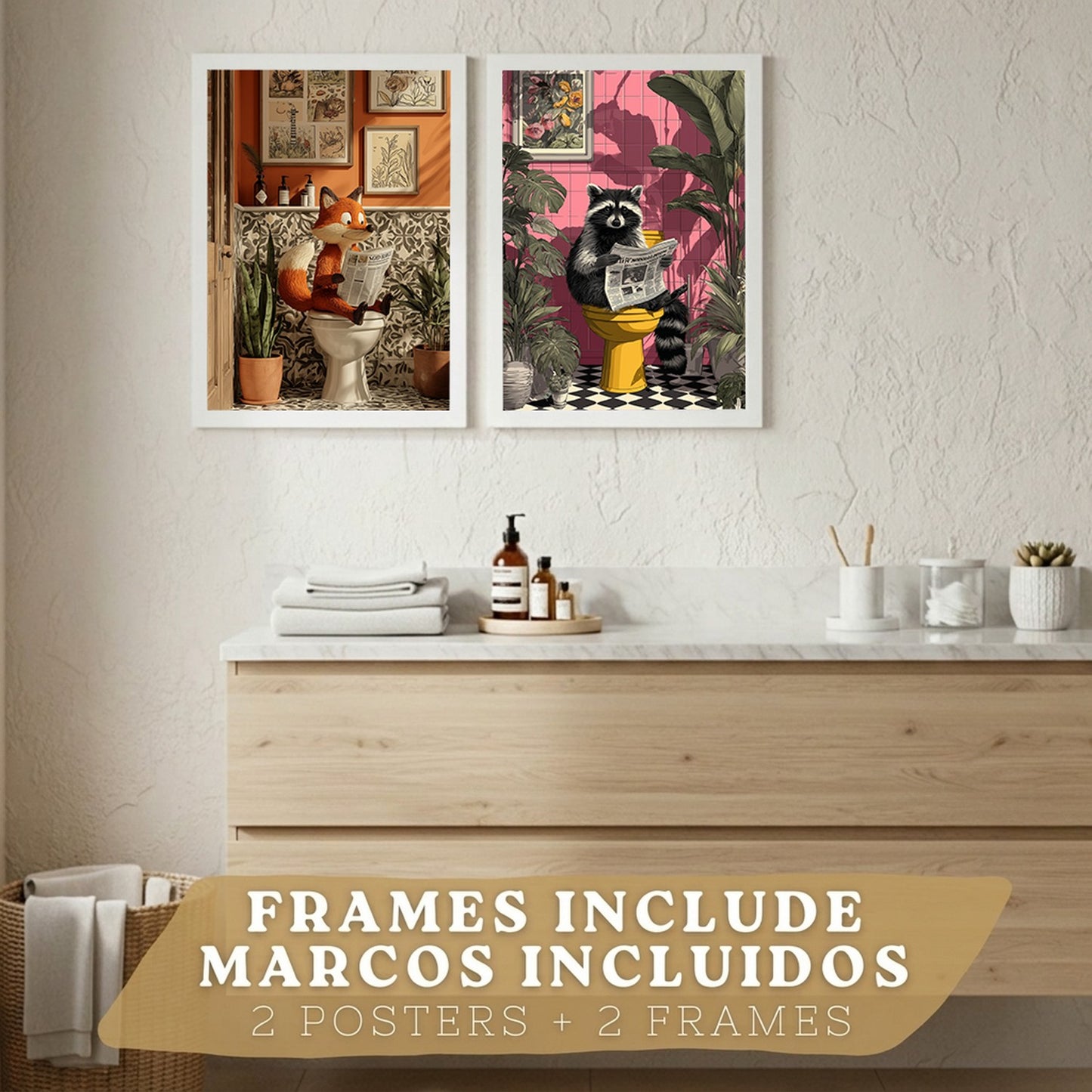 Set de 2 Laminas Animales Divertidos en Baño Cuadros Decorativos Zorro y Mapache con Estilo Moderno Poster Original Decoracion Baño Aseo y Hogar