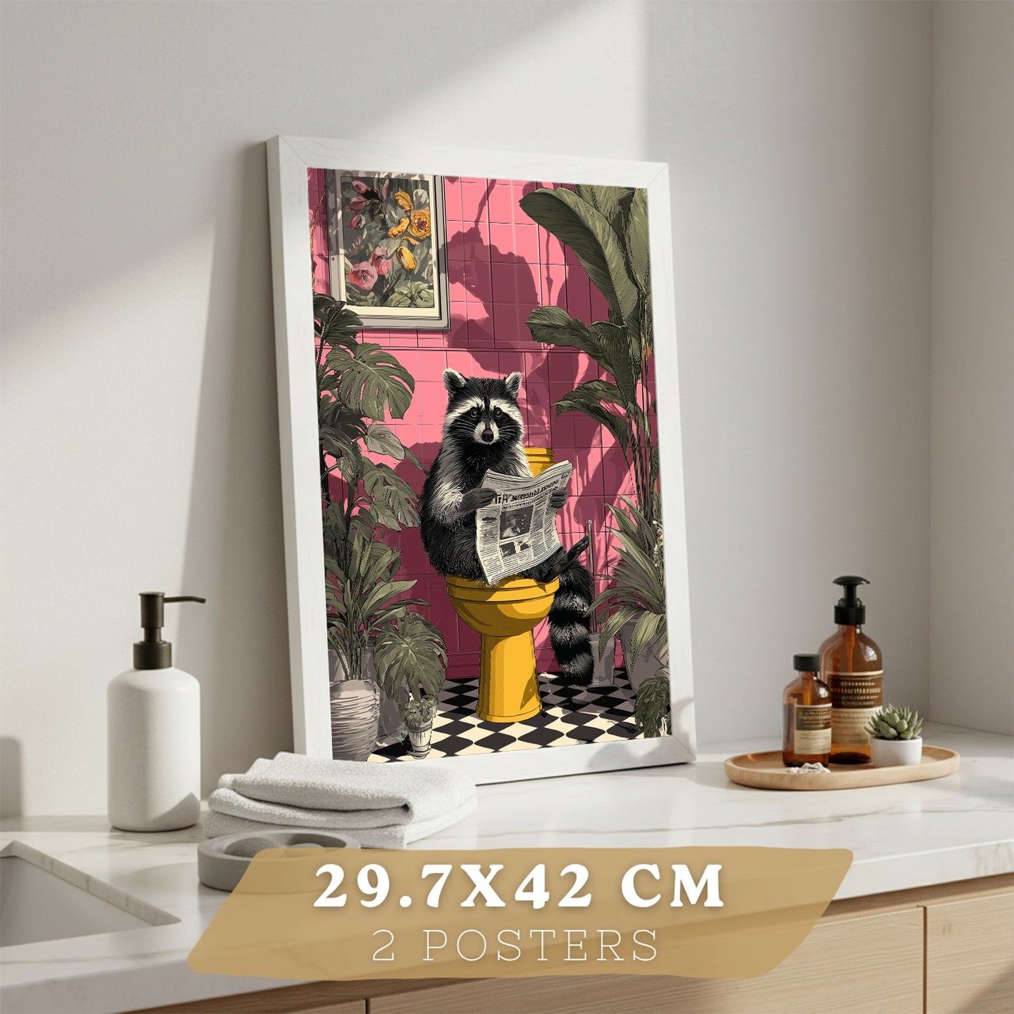 Set de 2 Laminas Animales Divertidos en Baño Cuadros Decorativos Zorro y Mapache con Estilo Moderno Poster Original Decoracion Baño Aseo y Hogar