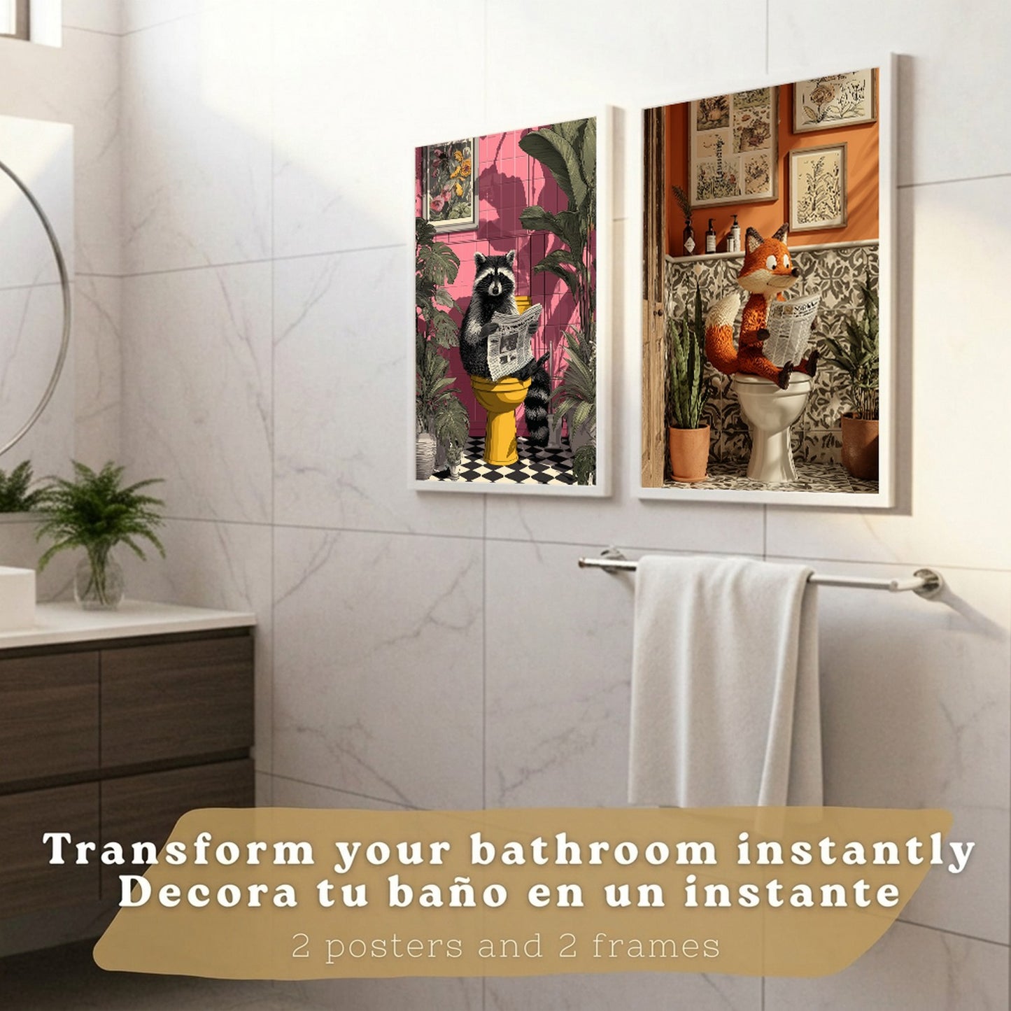 Set de 2 Laminas Animales Divertidos en Baño Cuadros Decorativos Zorro y Mapache con Estilo Moderno Poster Original Decoracion Baño Aseo y Hogar