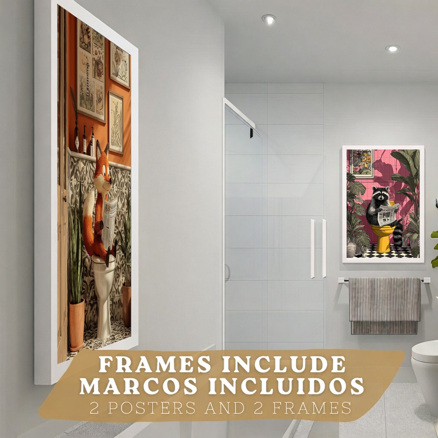 Set de 2 Laminas Animales Divertidos en Baño Cuadros Decorativos Zorro y Mapache con Estilo Moderno Poster Original Decoracion Baño Aseo y Hogar