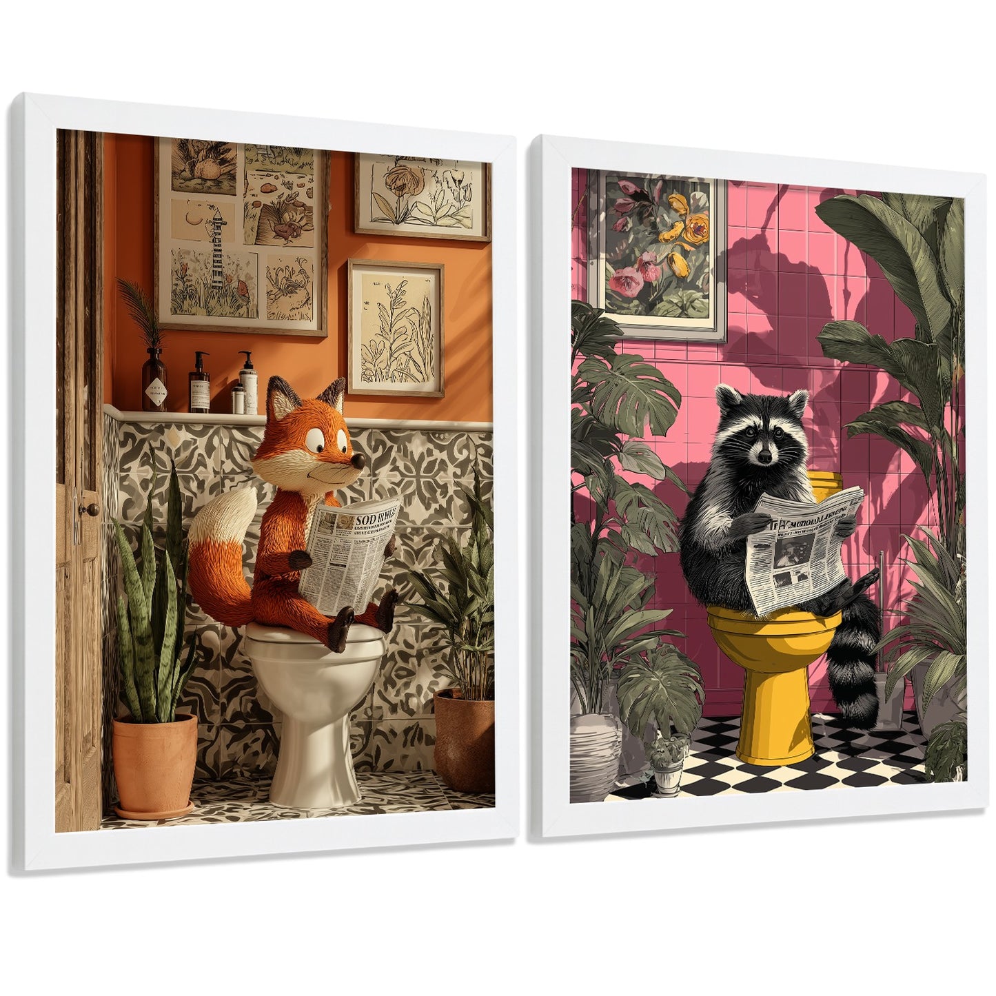 Set de 2 Laminas Animales Divertidos en Baño Cuadros Decorativos Zorro y Mapache con Estilo Moderno Poster Original Decoracion Baño Aseo y Hogar