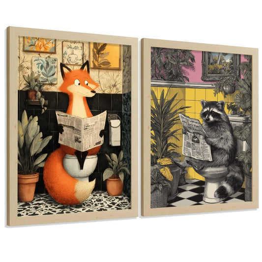 Set de 2 Laminas Decorativas Baño Cuadros Originales Poster Artistico para Pared Lavabo Ducha WC y Aseo con Animales en el Inodoro Estilo Ilustracion Vintage Moderna