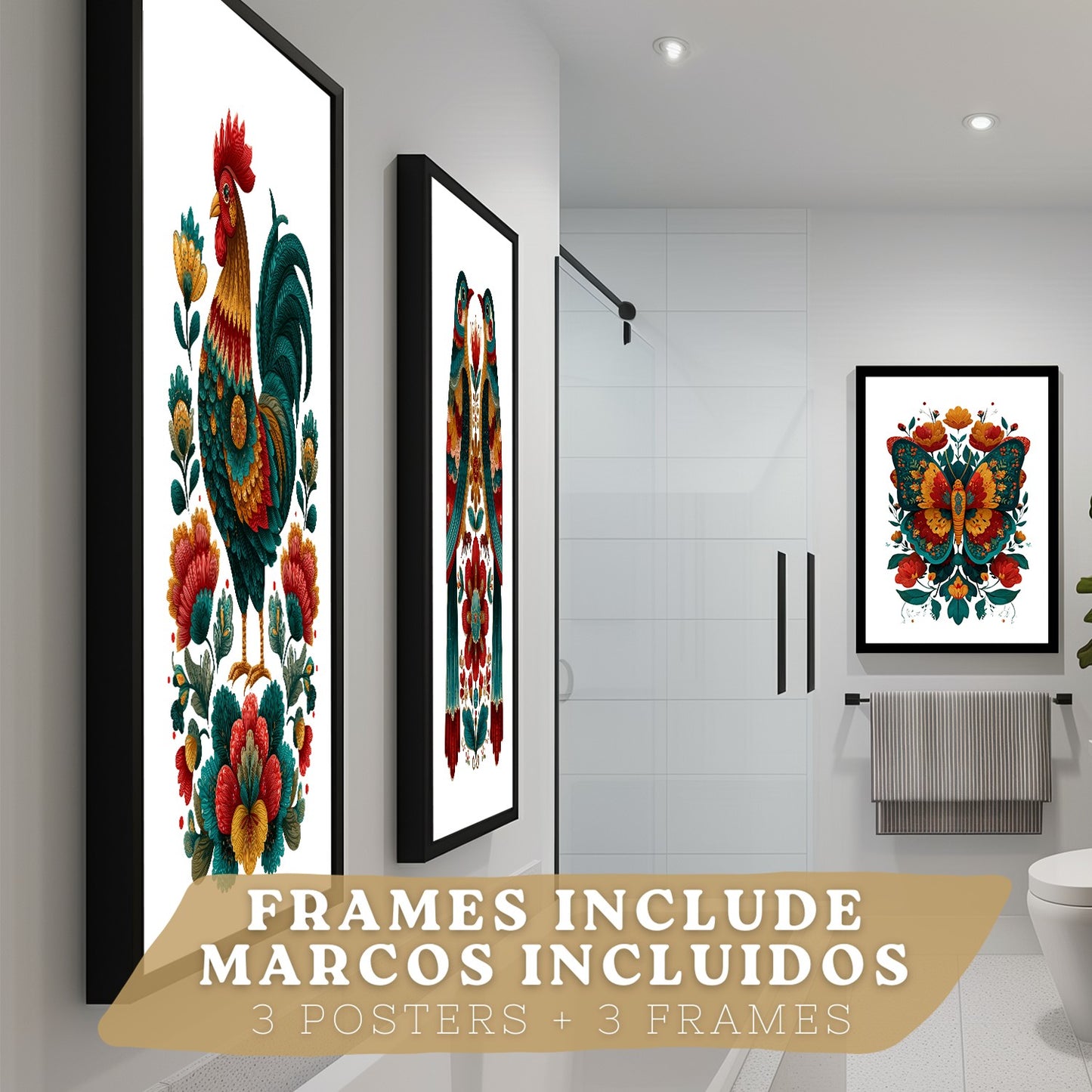 Set de 3 Laminas Decorativas Baño Cuadros Poster Arte Folk Colorido para Pared Lavabo Ducha WC y Aseo con Gallo Mariposa y Pajaros Estilo Ilustracion Moderna