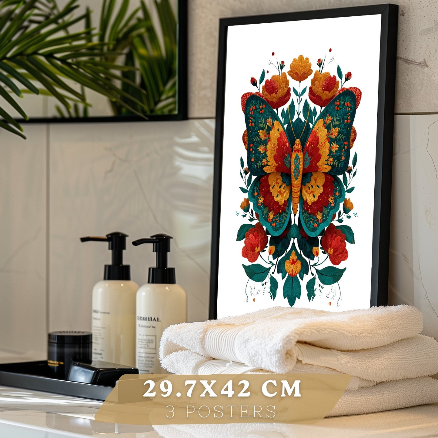 Set de 3 Laminas Decorativas Baño Cuadros Poster Arte Folk Colorido para Pared Lavabo Ducha WC y Aseo con Gallo Mariposa y Pajaros Estilo Ilustracion Moderna